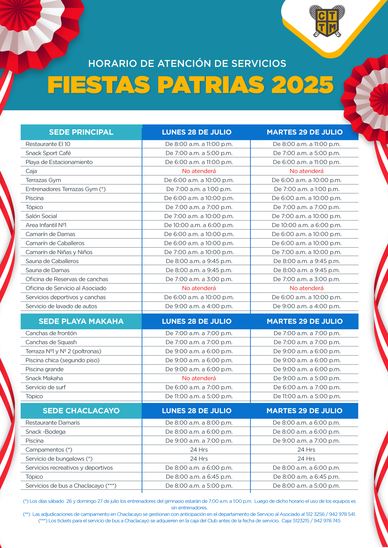 🕒📢 HORARIO DE ATENCIÓN DE SERVICIOS –  FIESTAS PATRIAS 2025 🇵🇪 