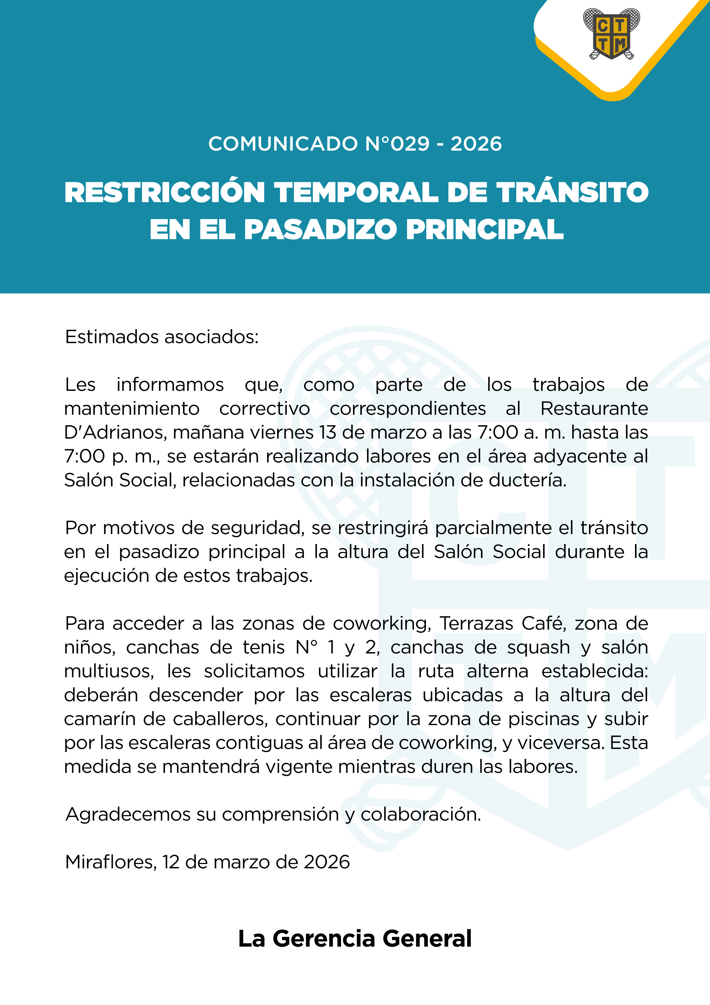📣COMUNICADO N°029 - 2026 - RESTRICCIÓN TEMPORAL DE TRÁNSITO EN EL PASADIZO PRINCIPAL