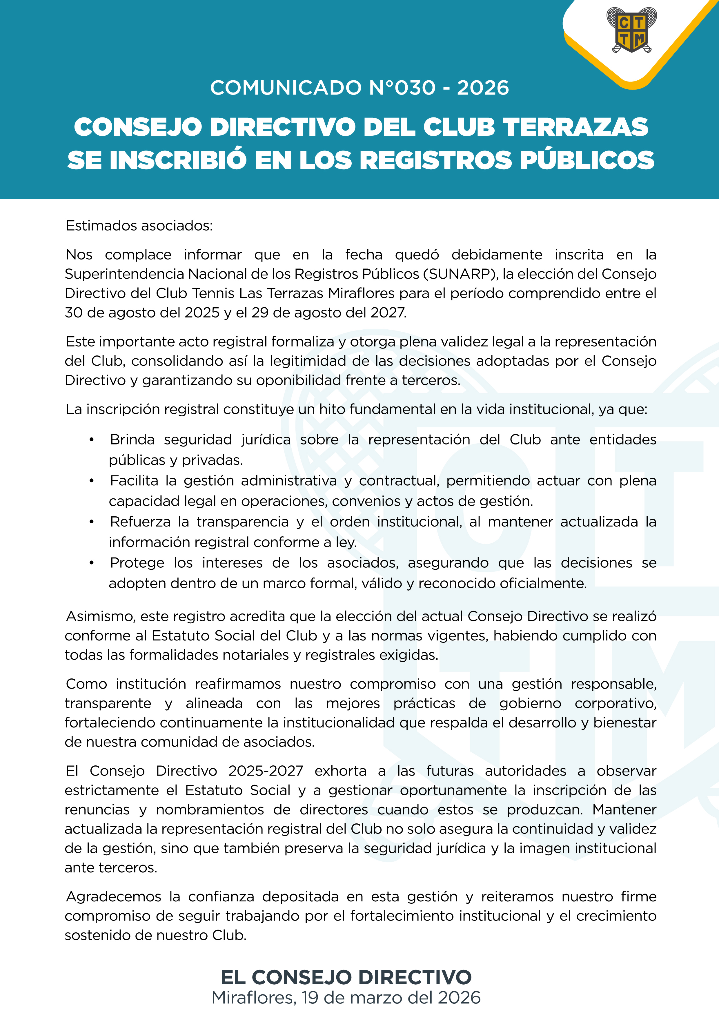 📣COMUNICADO N°030 - 2026: CONSEJO DIRECTIVO DEL CLUB TERRAZAS SE INSCRIBIÓ EN LOS REGISTROS PÚBLICOS