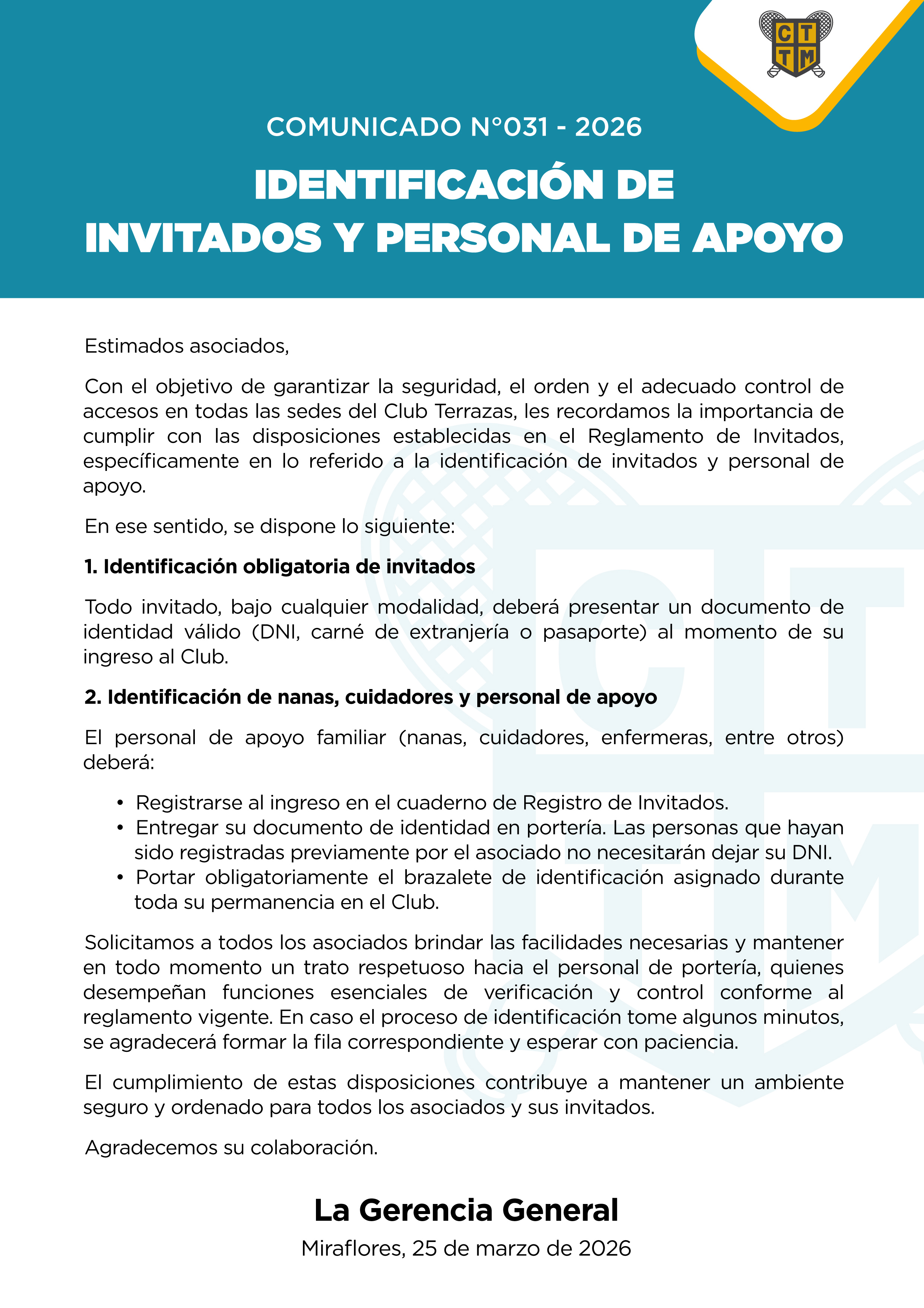 📣COMUNICADO N°031 - 2026: IDENTIFICACIÓN DE INVITADOS Y PERSONAL DE APOYO