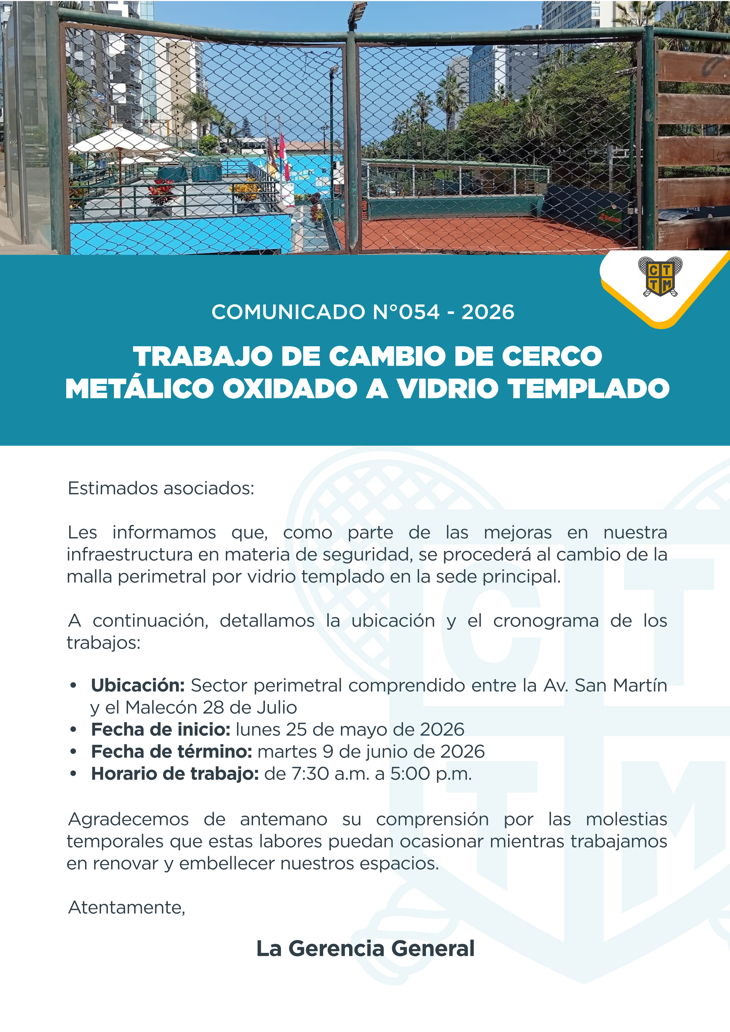 📣COMUNICADO N°054 - TRABAJO DE CAMBIO DE CERCO METÁLICO OXIDADO A VIDRIO TEMPLADO