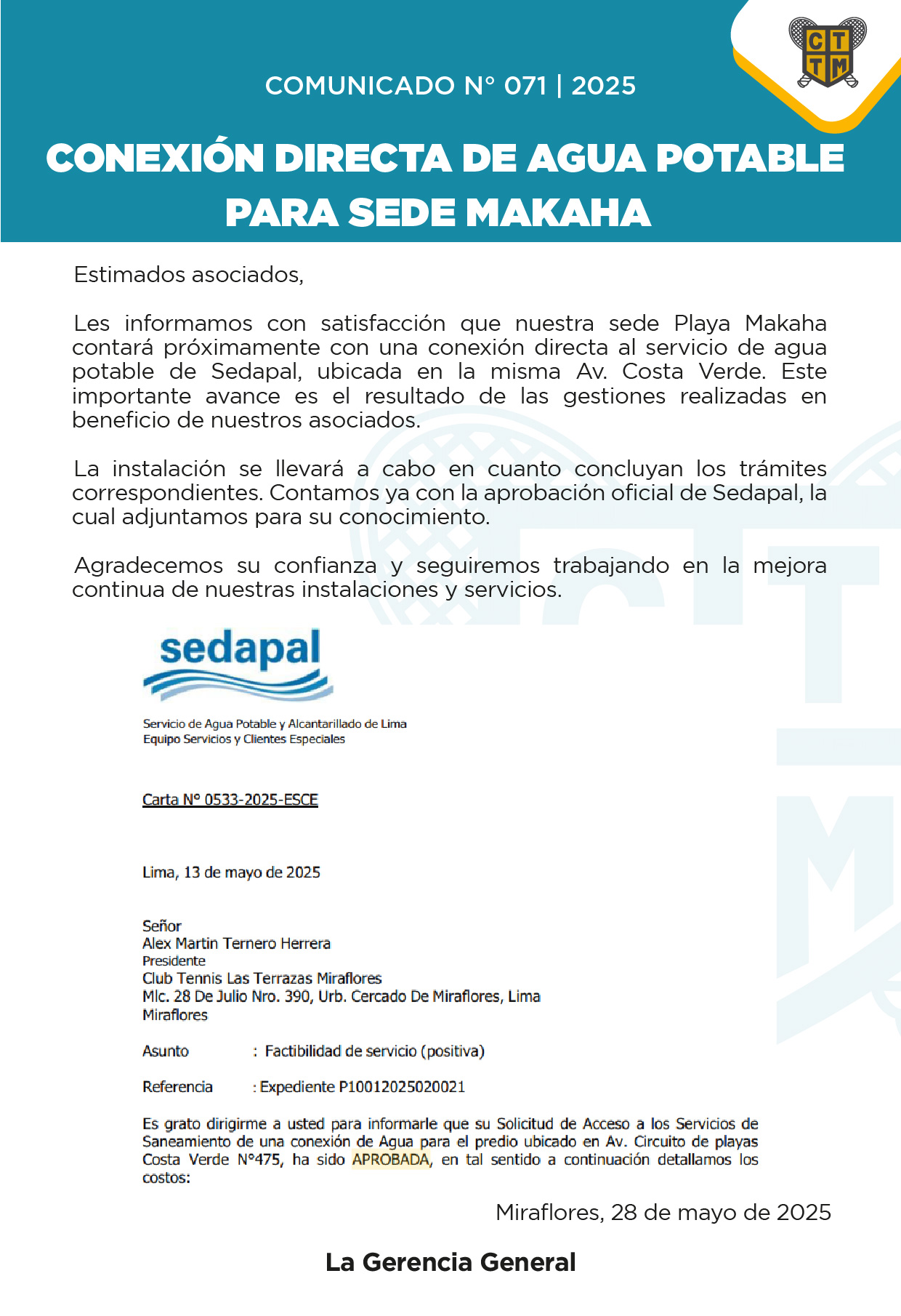 📣COMUNICADO N° 071 | 2025: CONEXIÓN DIRECTA DE AGUA POTABLE PARA SEDE MAKAHA 
