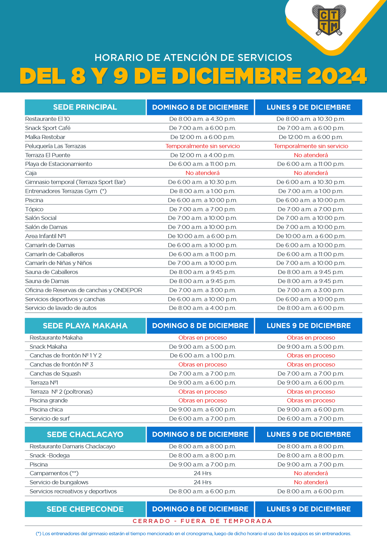 HORARIO DE ATENCIÓN DEL 8 Y 9 DE DICIEMBRE