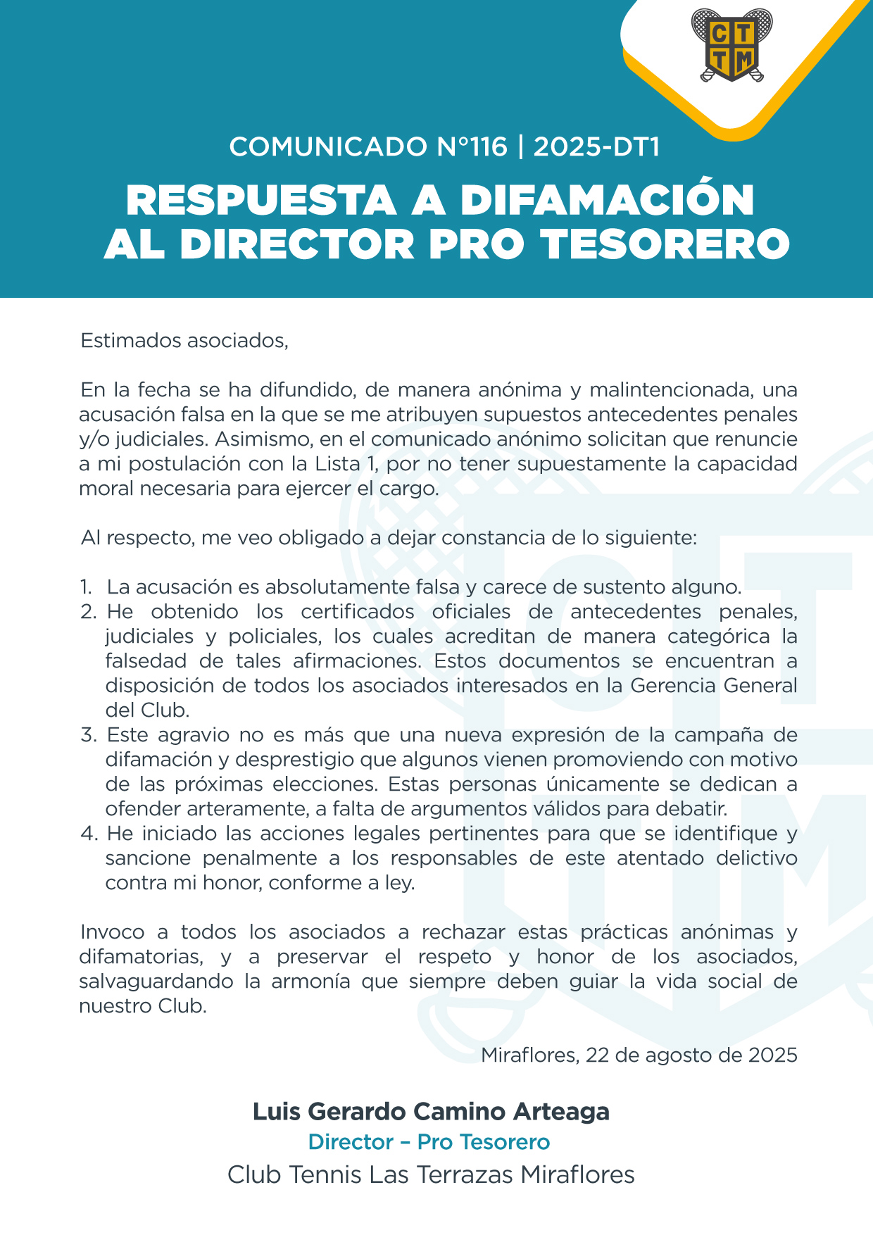 📣COMUNICADO N.º 116 | 2025 - DT1 - RESPUESTA A DIFAMACIÓN AL DIRECTOR PRO TESORERO