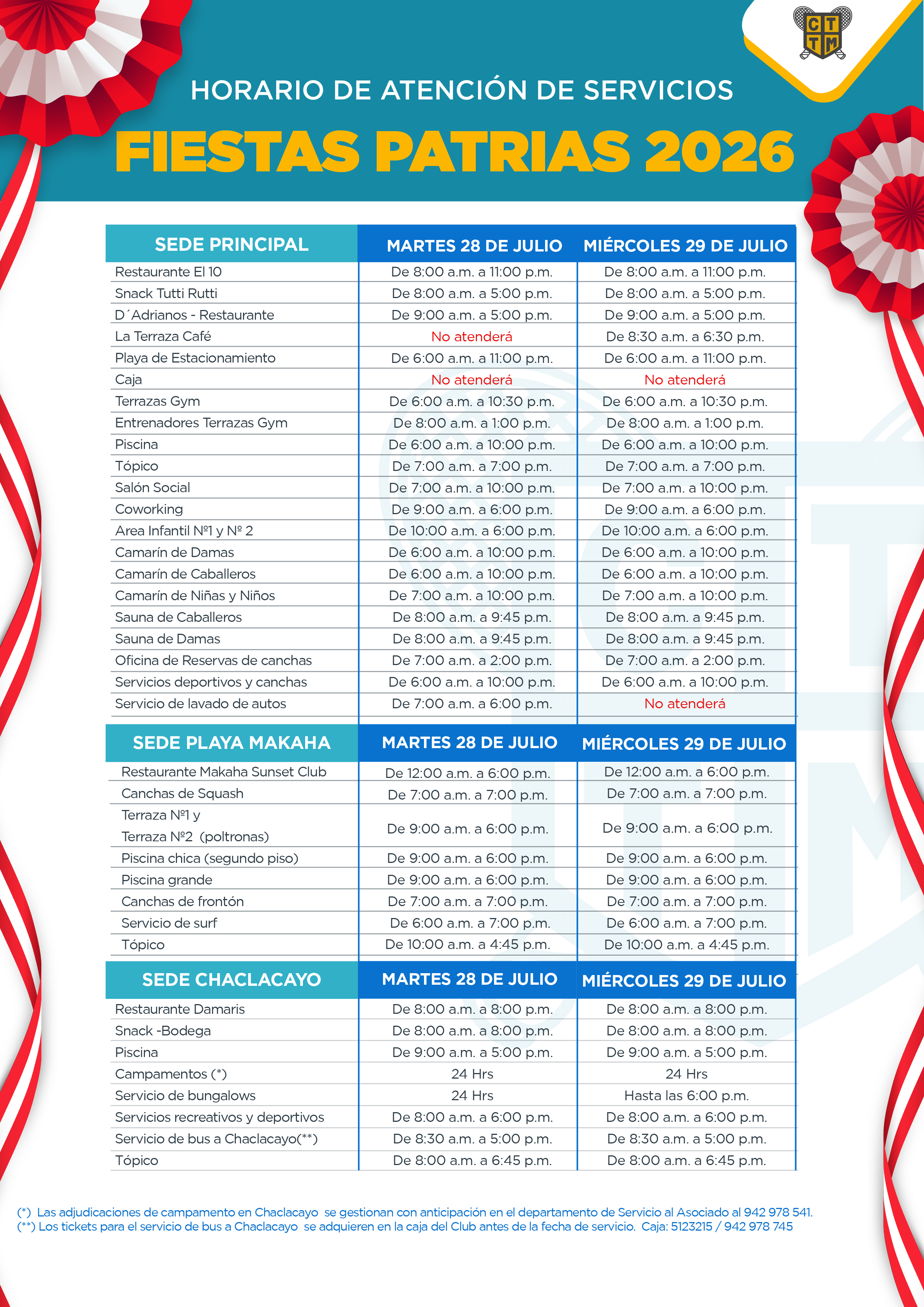 📅 HORARIO DE ATENCIÓN – FIESTAS PATRIAS 2026 🇵🇪