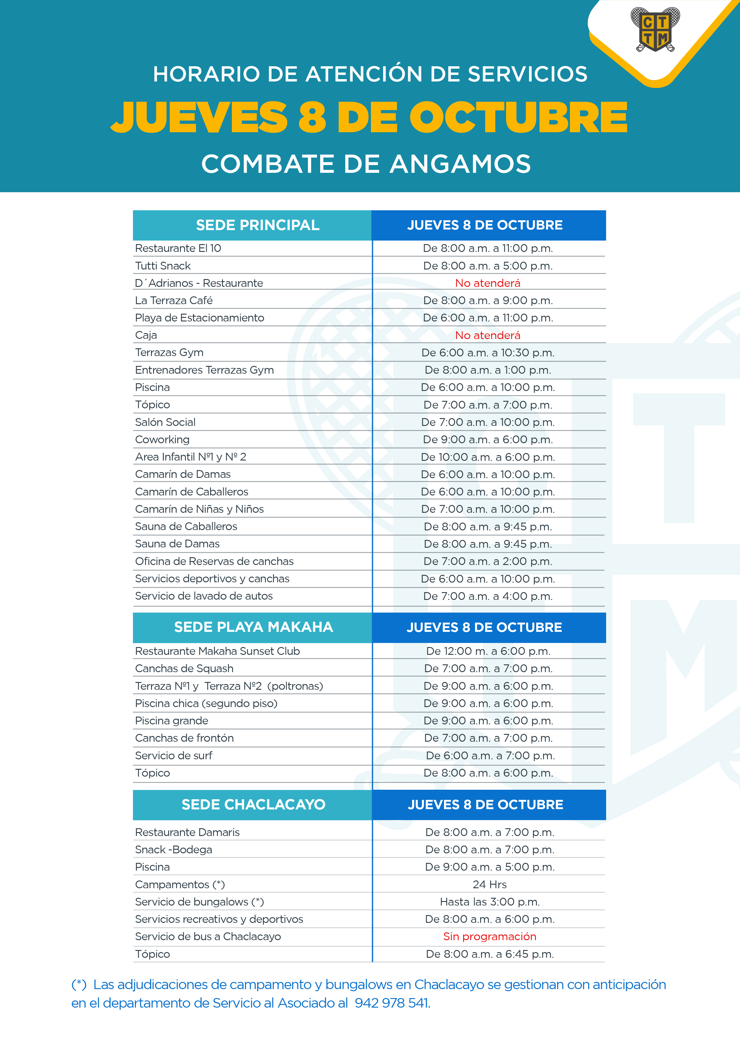 📢 HORARIO DE ATENCIÓN DE SERVICIOS – JUEVES 8 DE OCTUBRE 🇵🇪