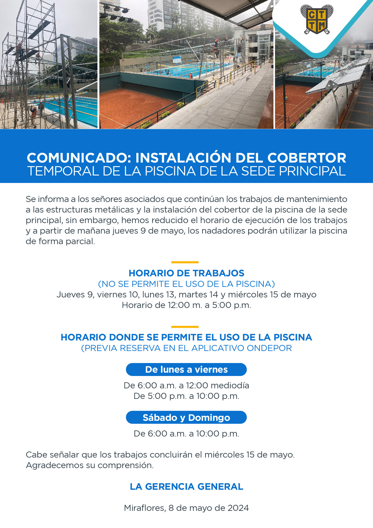 COMUNICADO: INSTALACIÓN DEL COBERTOR TEMPORAL DE LA PISCINA DE LA SEDE PRINCIPAL