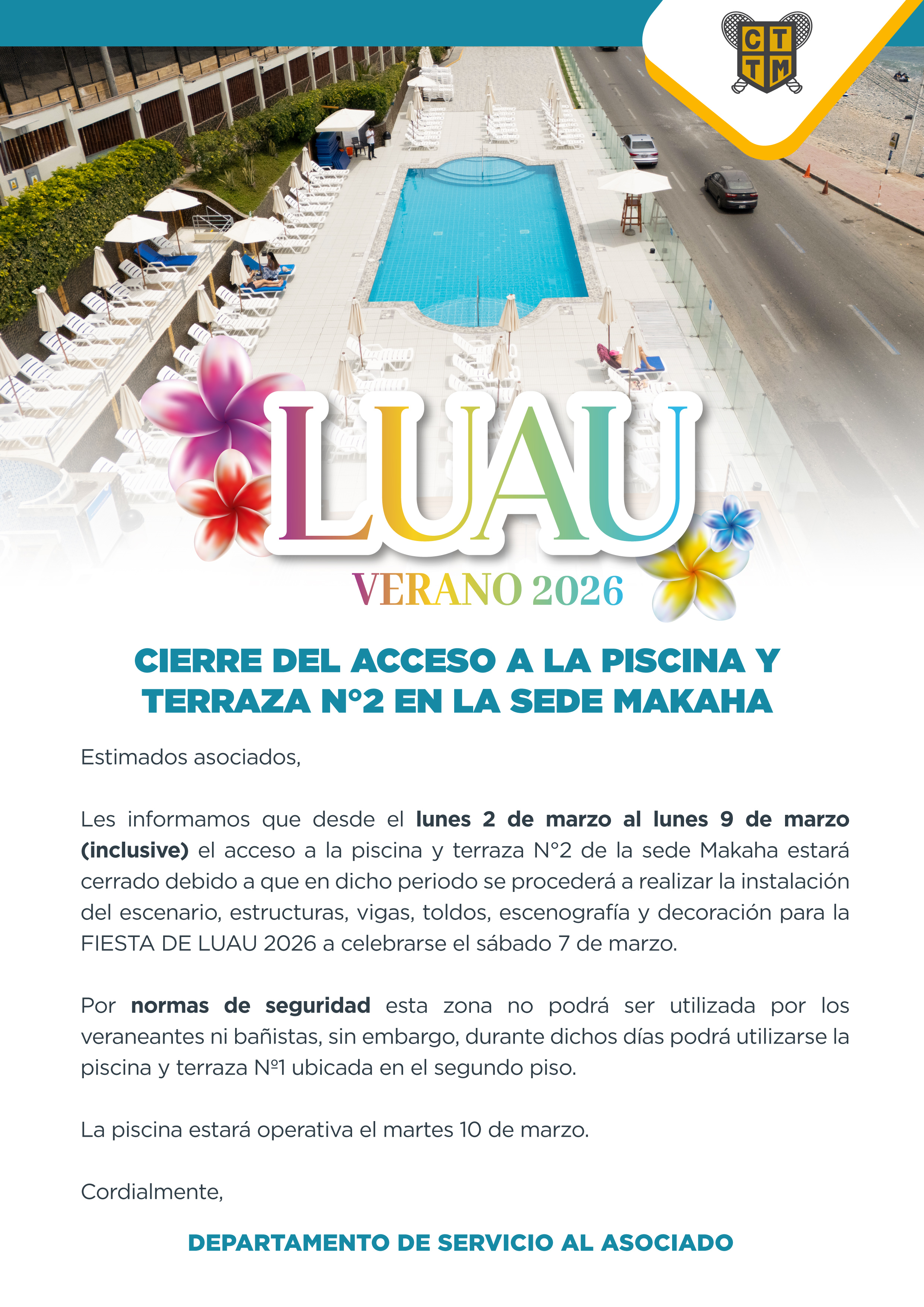 📣COMUNICADO - CIERRE DEL ACCESO A LA PISCINA Y  TERRAZA N°2 EN LA SEDE MAKAHA