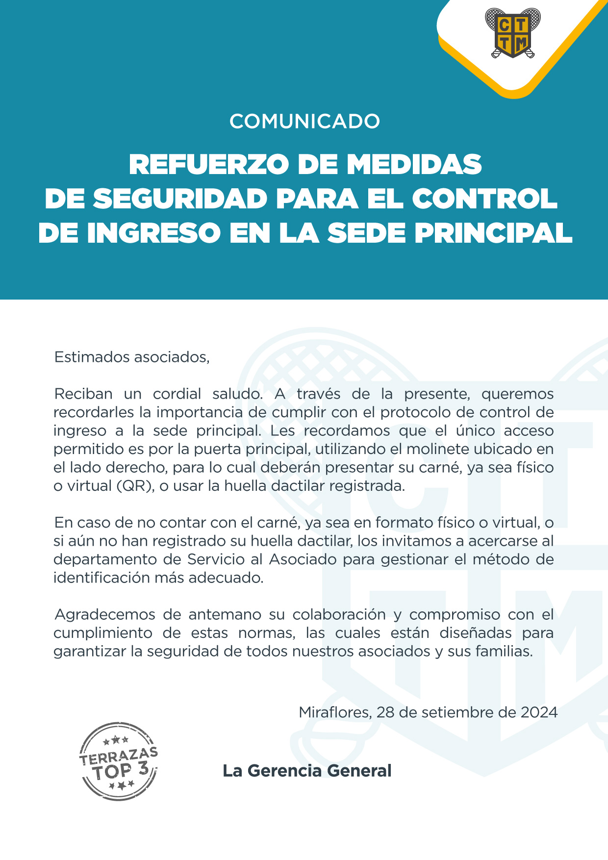 COMUNICADO: SOBRE MEDIDAS DE SEGURIDAD EN EL CONTROL DE INGRESO DE LA SEDE PRINCIPAL