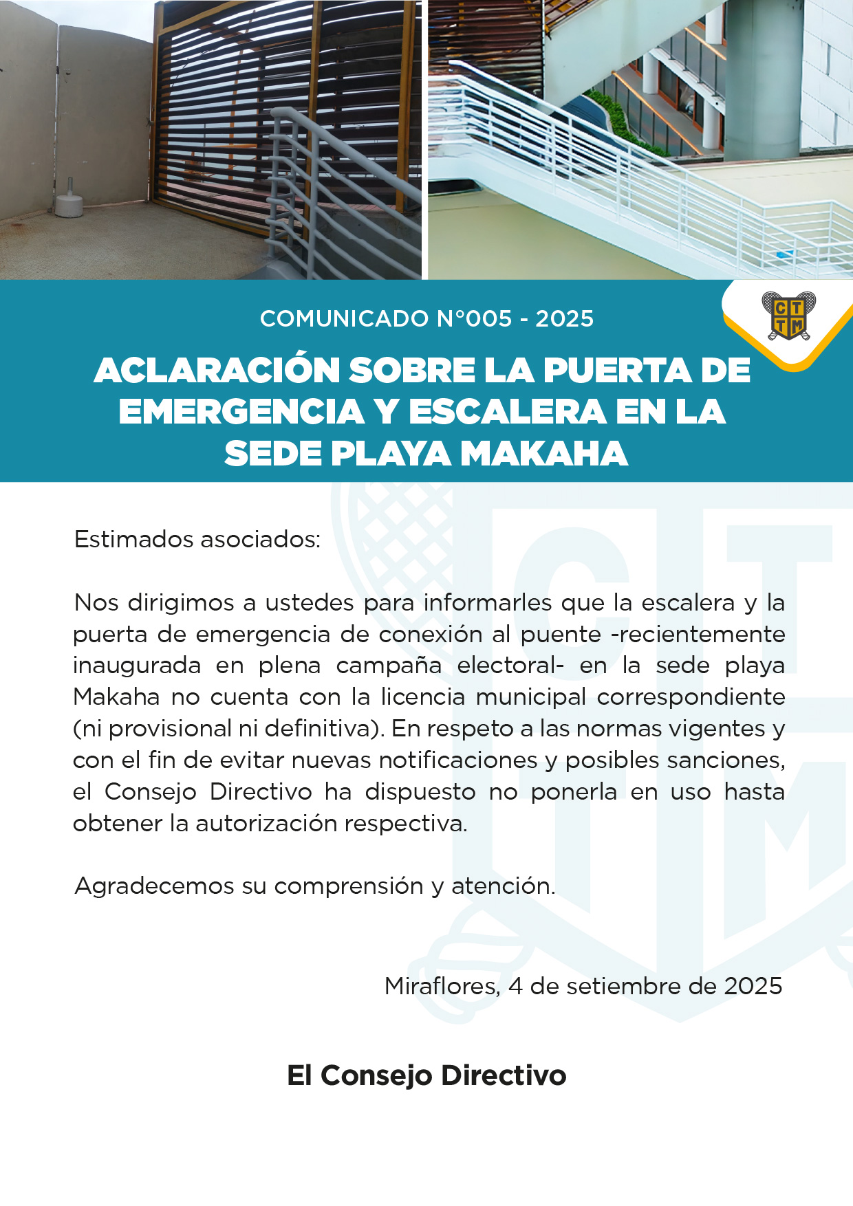 📣COMUNICADO N° 005 - 2025 - ACLARACIÓN SOBRE LA PUERTA DE EMERGENCIA Y ESCALERA  EN LA SEDE PLAYA MAKAHA