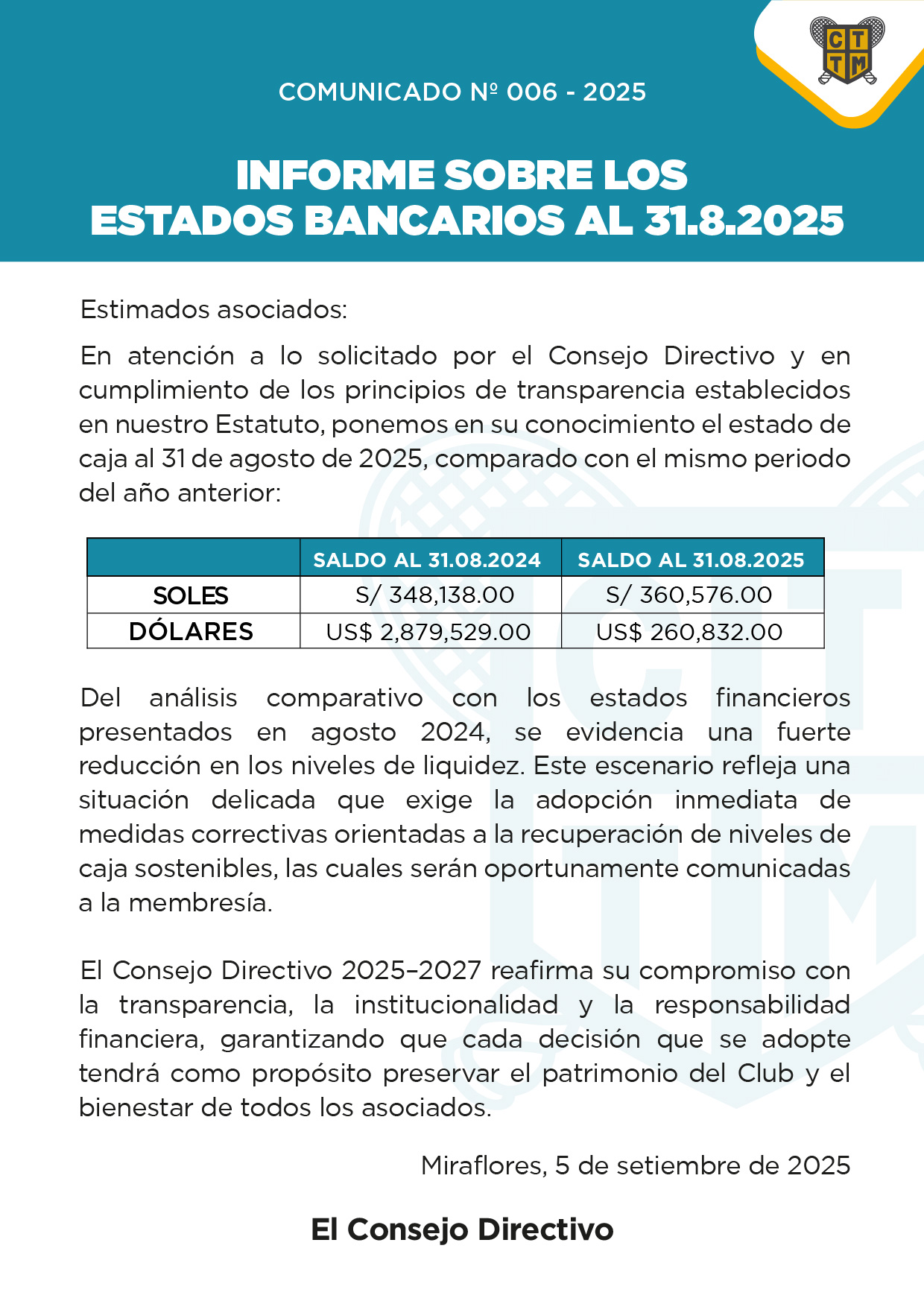 📣COMUNICADO N° 006  - 2025 - INFORME SOBRE LOS ESTADOS BANCARIOS AL 31.8.2025