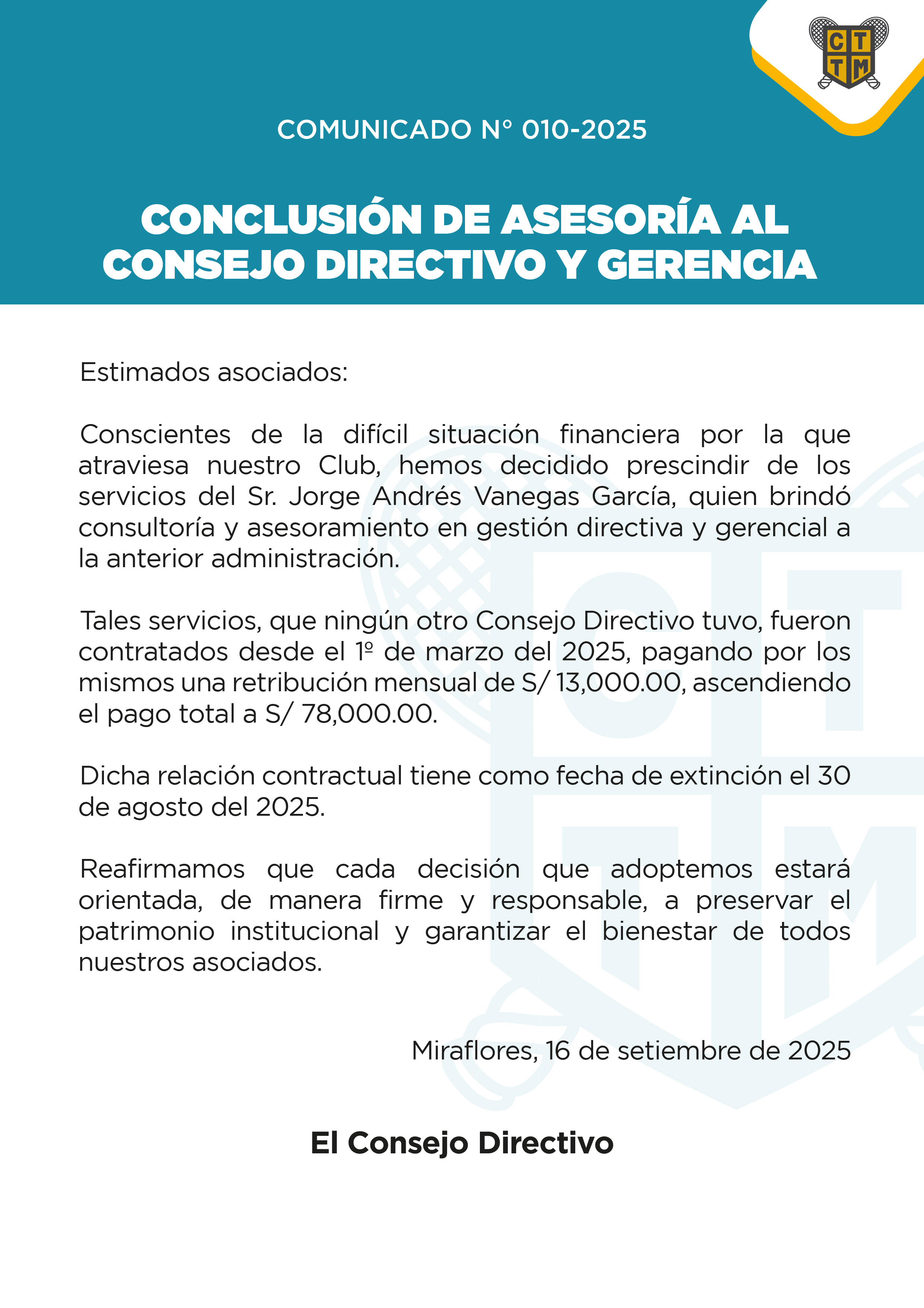 📣COMUNICADO N° 010 - 2025 - CONCLUSIÓN DE ASESORÍA AL CONSEJO DIRECTIVO Y GERENCIA 