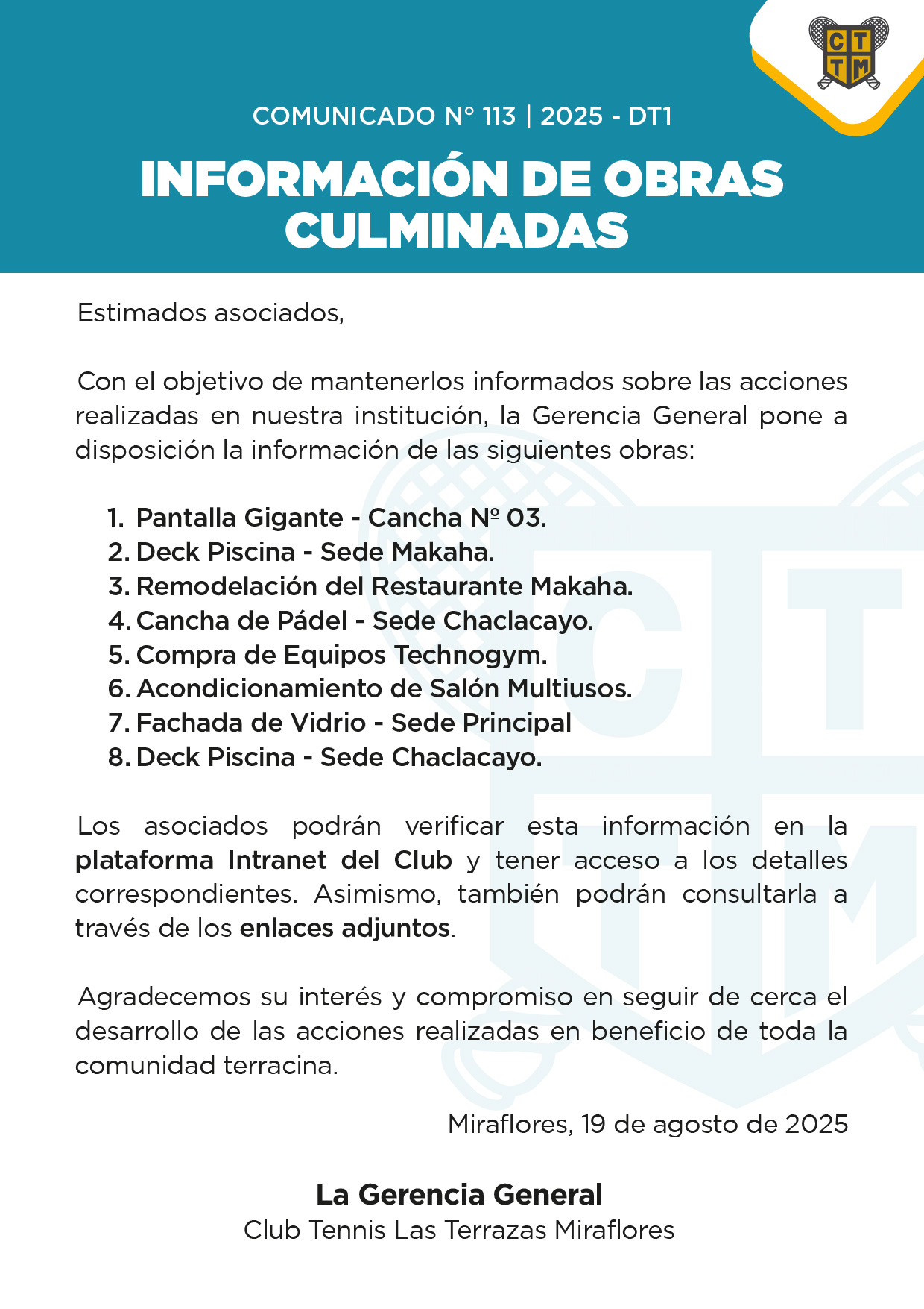 📣COMUNICADO N.º 113 | 2025 - DT1 - INFORMACIÓN DE OBRAS CULMINADAS 
