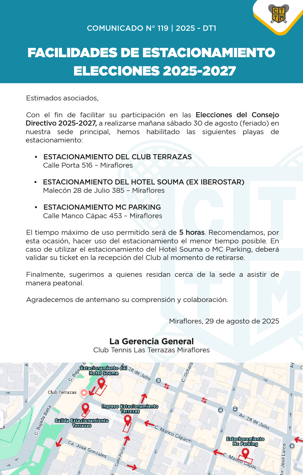 📣COMUNICADO N.º 119 | 2025 - DT1 - FACILIDADES DE ESTACIONAMIENTO – ELECCIONES 2025-2027