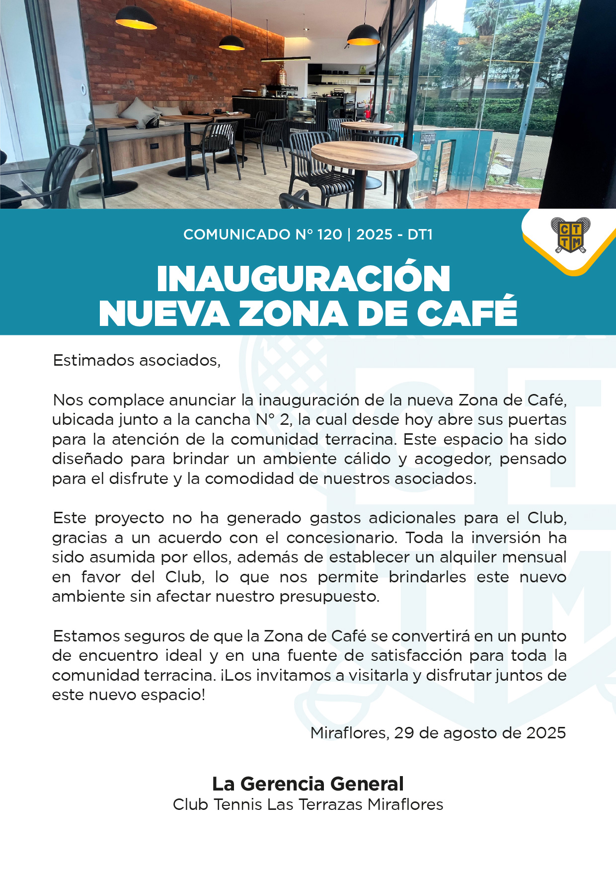 📣COMUNICADO N.º 120 | 2025 - DT1 - INAUGURACIÓN NUEVA ZONA DE CAFÉ