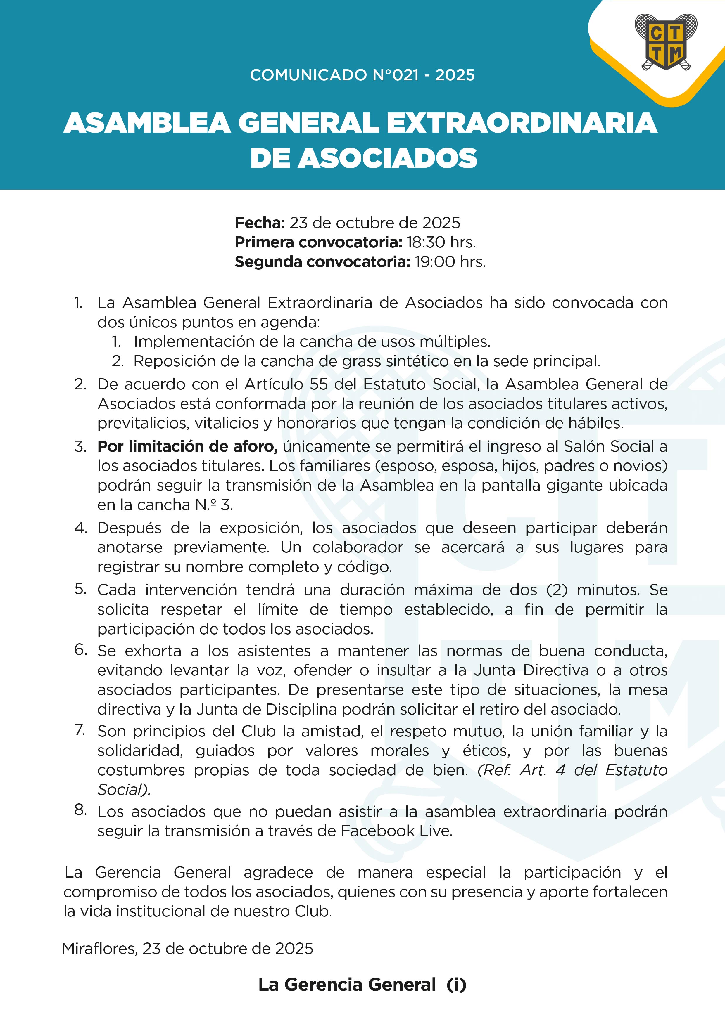 📣COMUNICADO N° 021 - 2025: ASAMBLEA GENERAL EXTRAORDINARIA DE ASOCIADOS