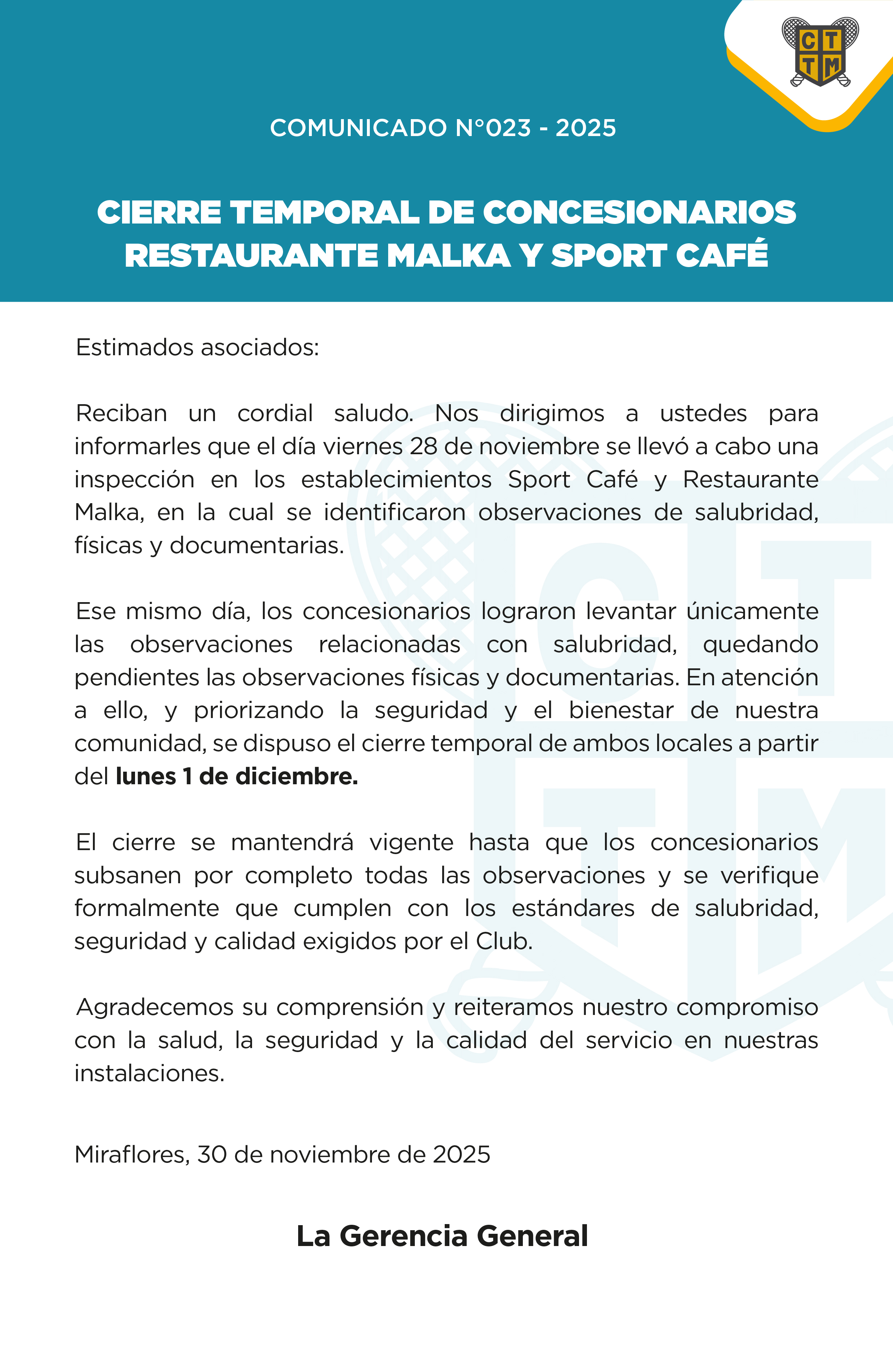 📣COMUNICADO N°023 - 2025 - CIERRE TEMPORAL DE CONCESIONARIOS RESTAURANTE MALKA Y SPORT CAFÉ