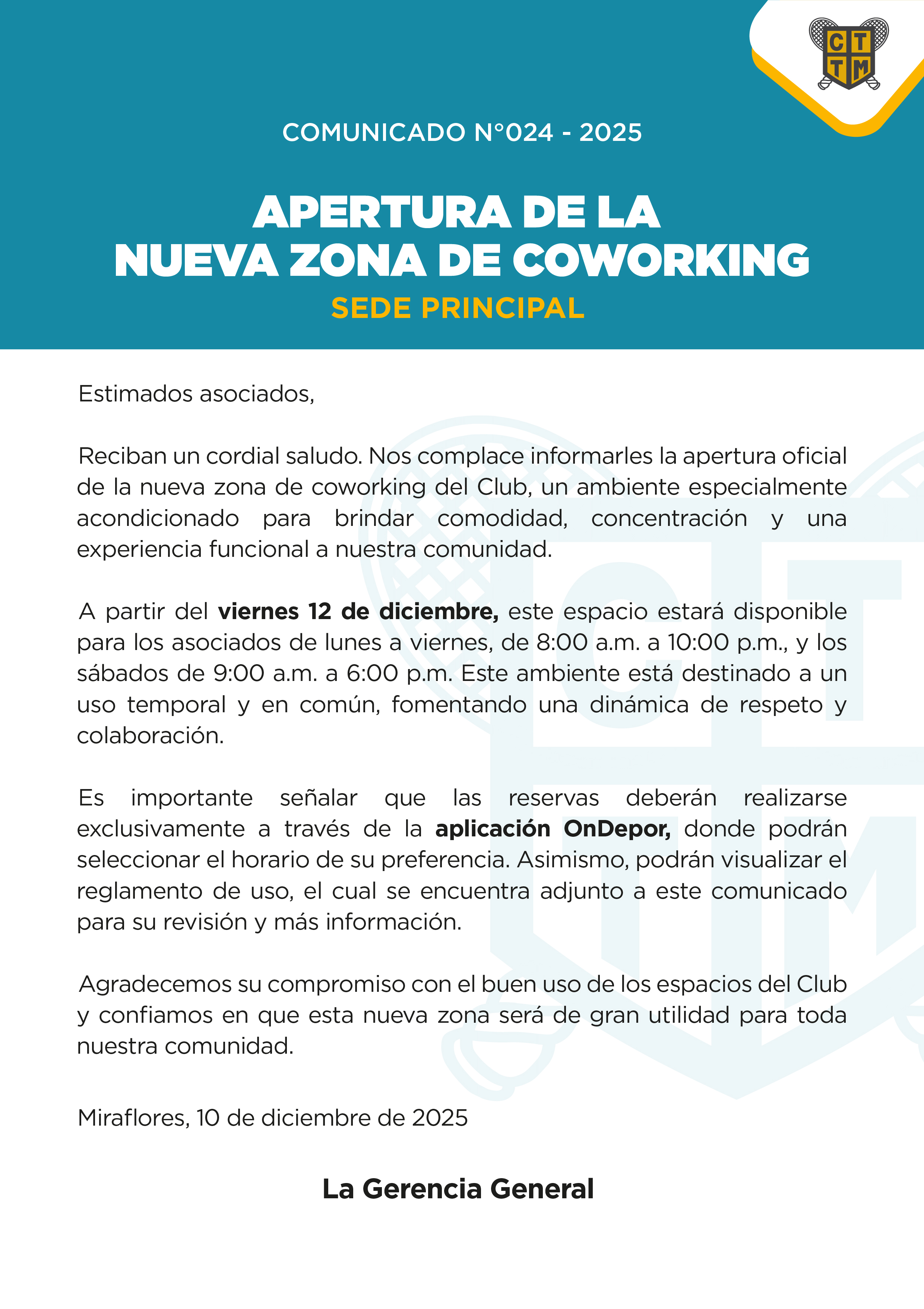  📣COMUNICADO N°024 - 2025 - APERTURA DE LA NUEVA ZONA DE COWORKING