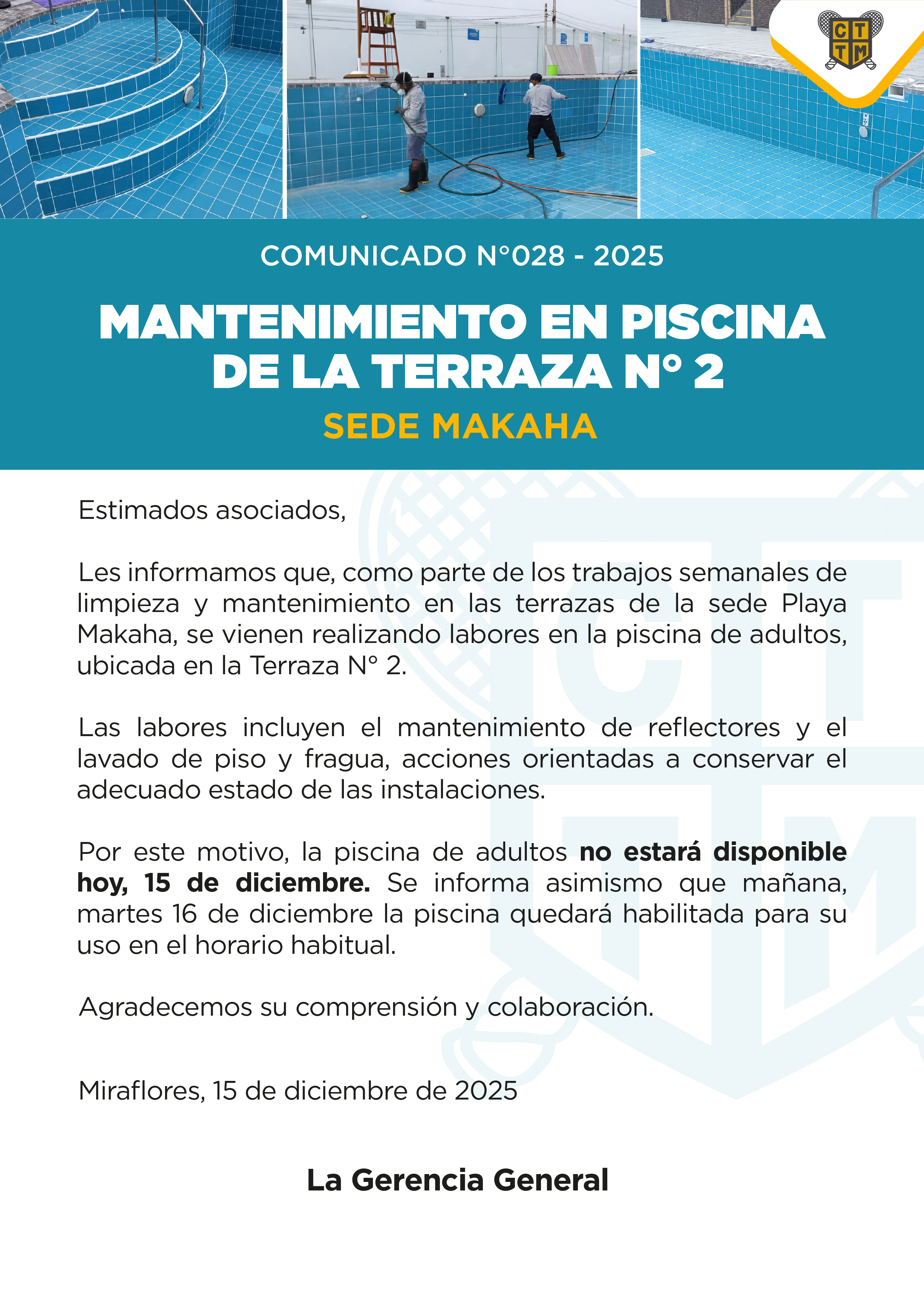 📣COMUNICADO N°028 - 2025 - MANTENIMIENTO EN PISCINA DE LA TERRAZA N.º 2 - SEDE MAKAHA 