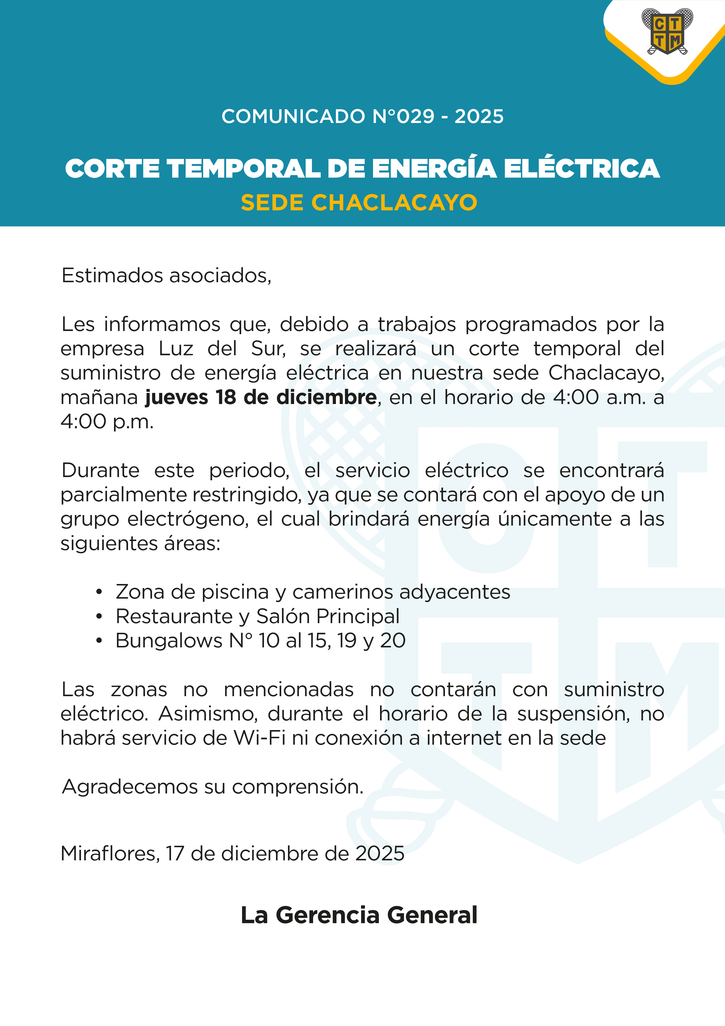 📣COMUNICADO N°029 - 2025 - CORTE TEMPORAL DE ENERGÍA ELÉCTRICA - SEDE CHACLACAYO