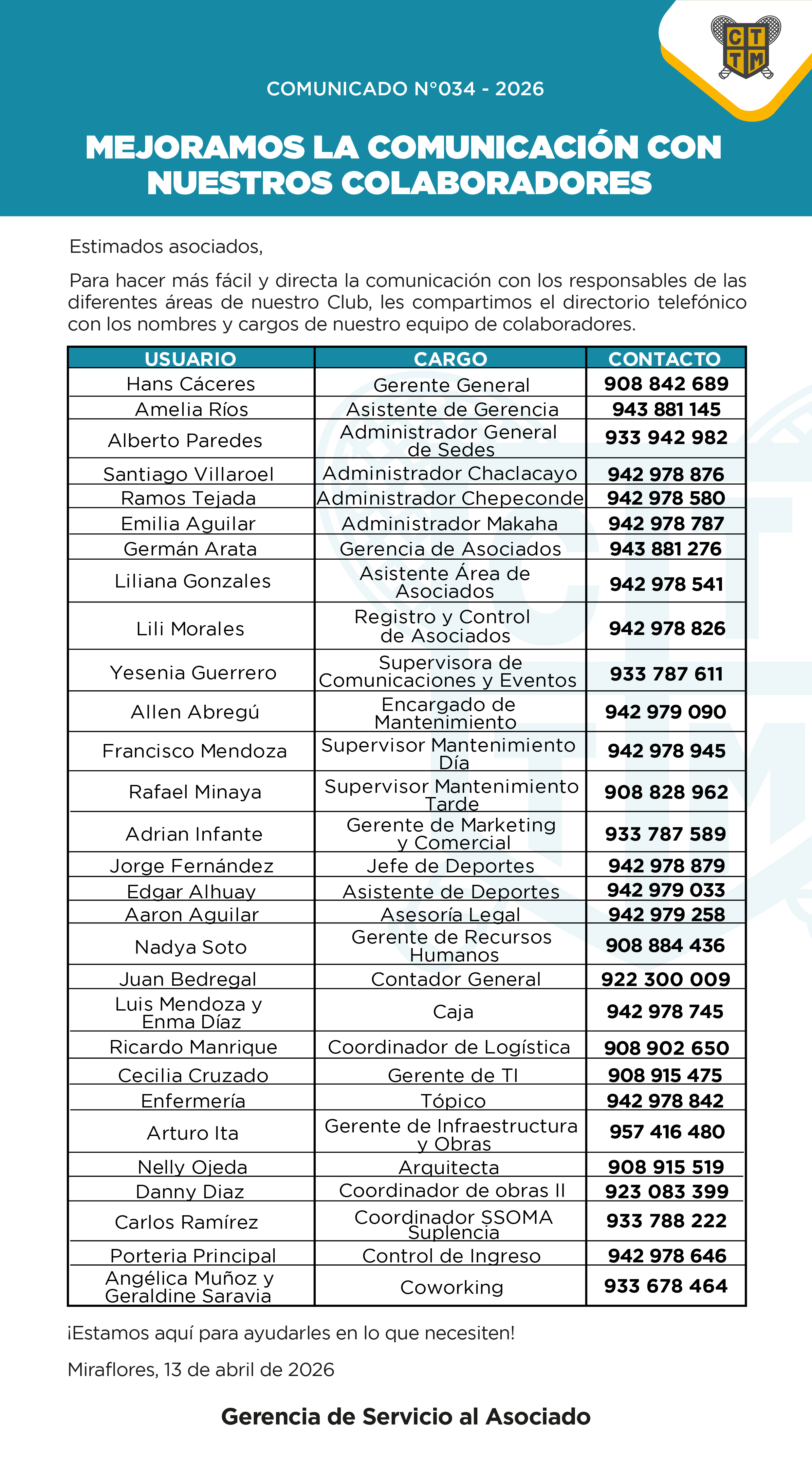 📣COMUNICADO N°034 - 2026 - MEJORAMOS LA COMUNICACIÓN CON NUESTROS COLABORADORES