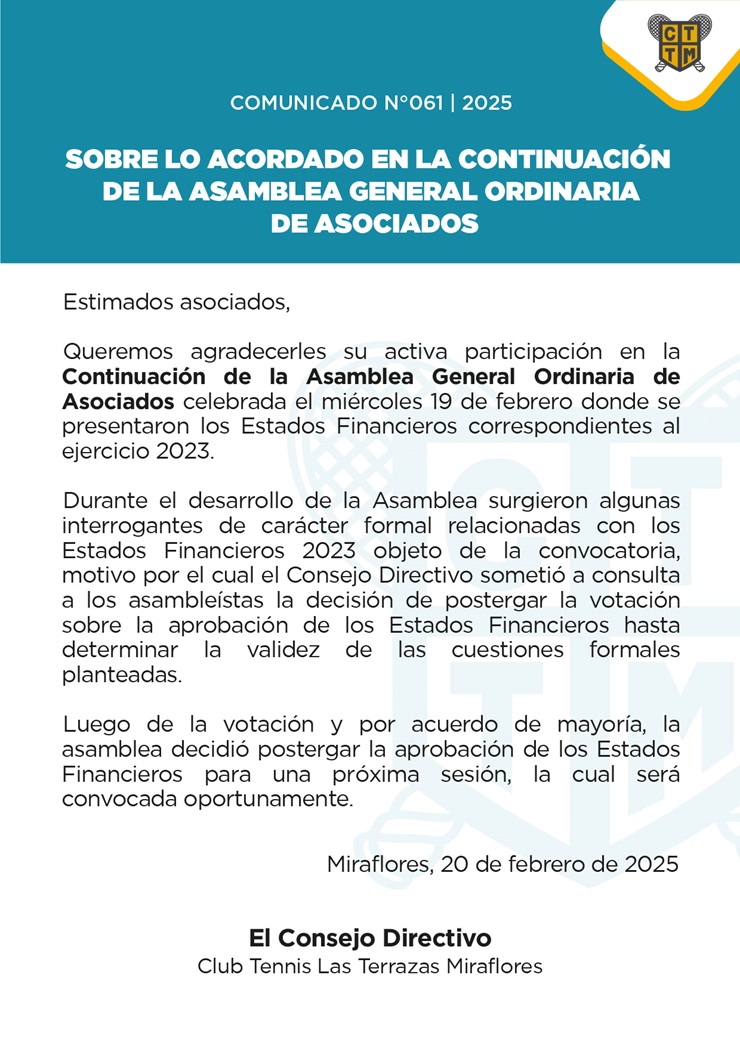 📣COMUNICADO N°061 | 2025: SOBRE LO ACORDADO EN LA CONTINUACIÓN DE LA ASAMBLEA GENERAL ORDINARIA DE ASOCIADOS