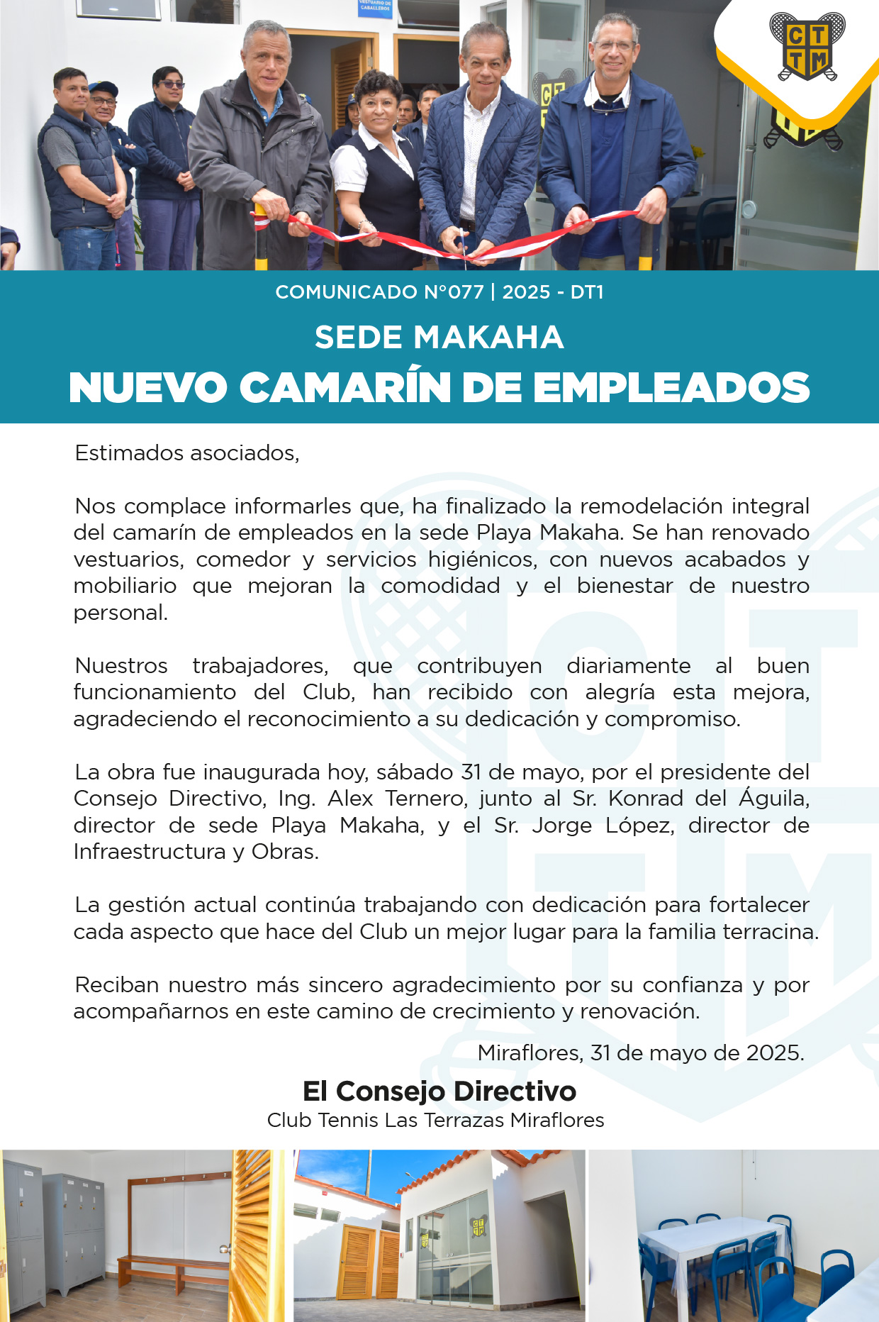 📣COMUNICADO N°077 | 2025-DT1: SEDE MAKAHA - NUEVO CAMARÍN DE EMPLEADOS