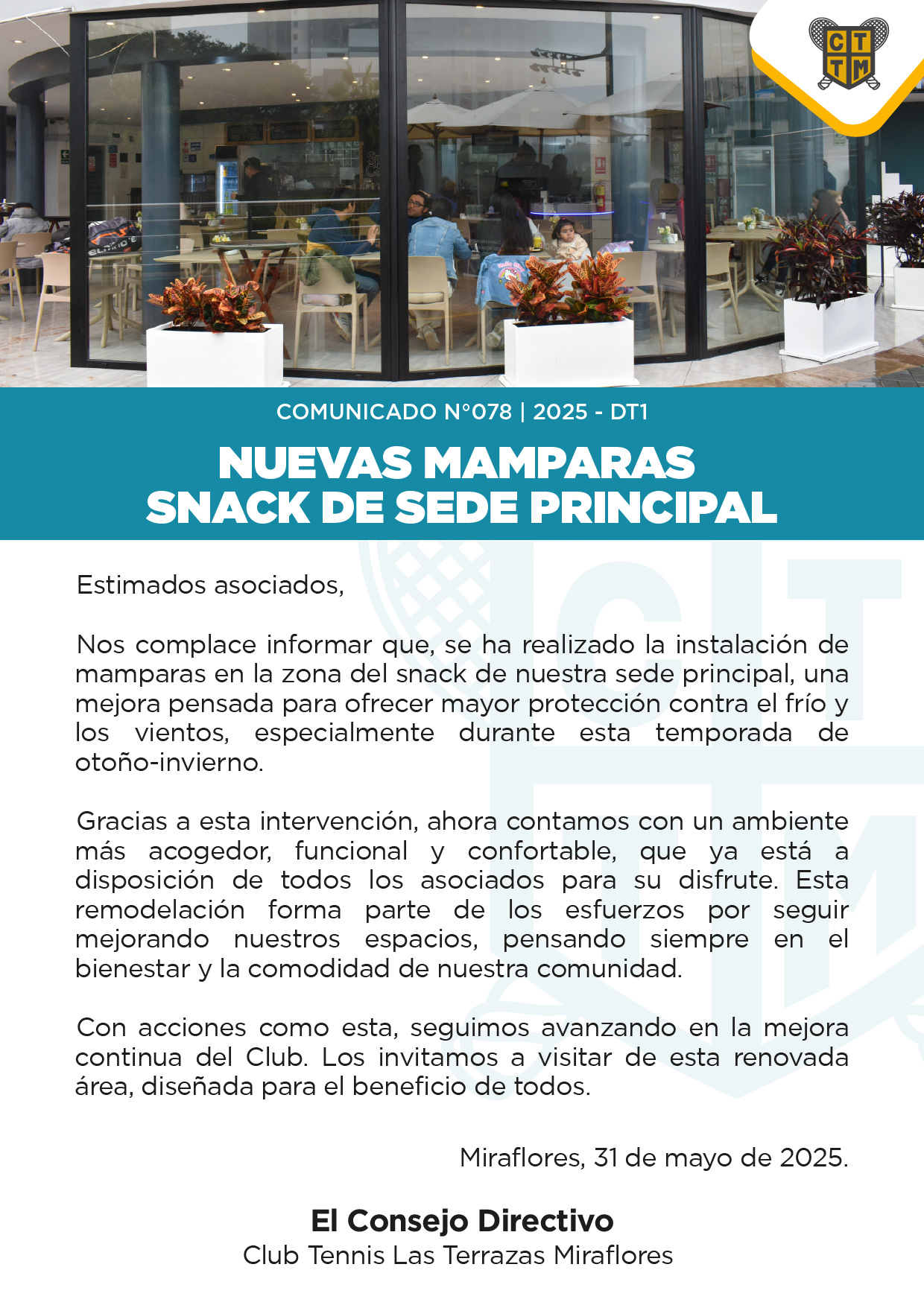 📣COMUNICADO N°078 | 2025-DT1: NUEVAS MAMPARAS - SNACK DE SEDE PRINCIPAL 