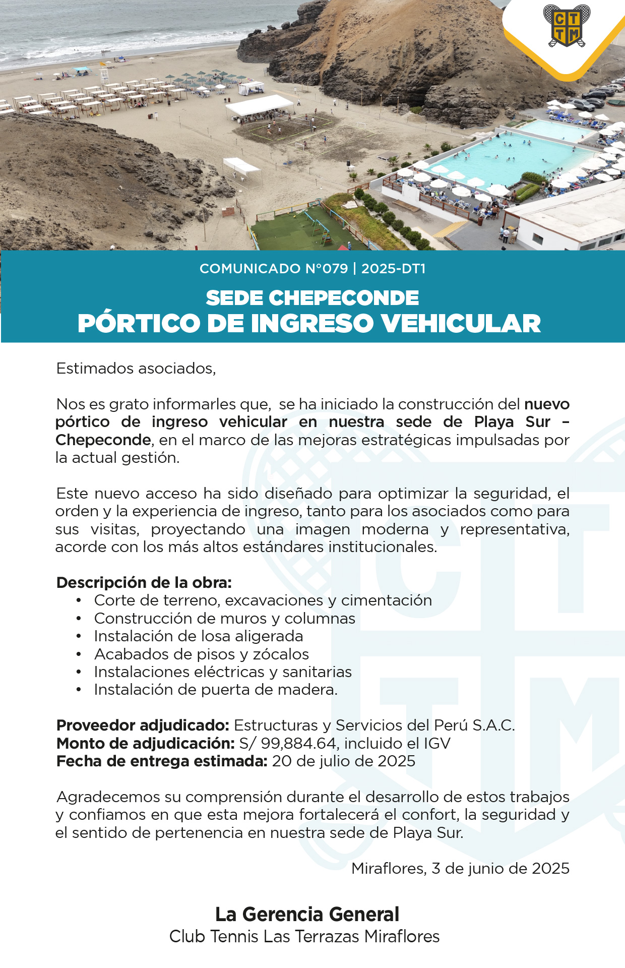 📣COMUNICADO N°079 | 2025-DT1: SEDE CHEPECONDE - PÓRTICO DE INGRESO VEHICULAR