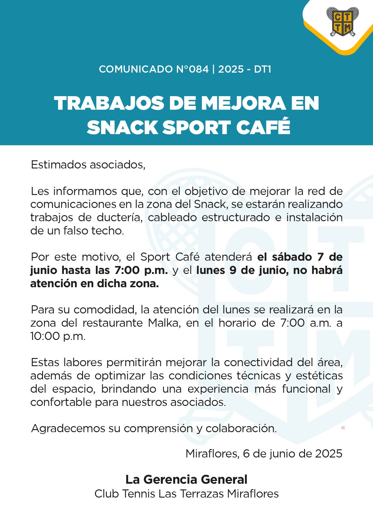 📣COMUNICADO N°084 - 2025-DT1 - TRABAJOS DE MEJORA EN SNACK SPORT CAFÉ 