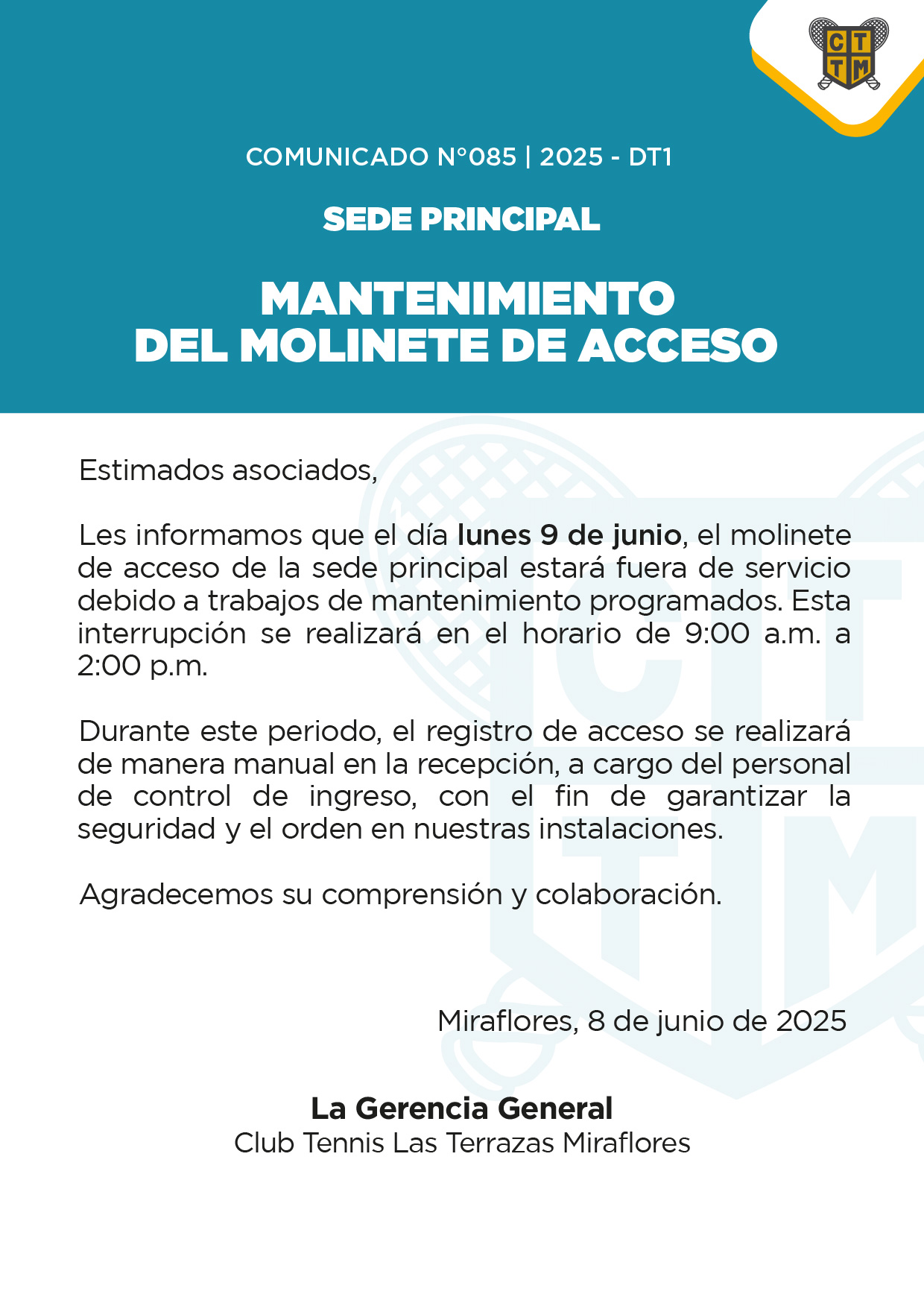 📣COMUNICADO N°085 - 2025-DT1 - MANTENIMIENTO DEL MOLINETE DE ACCESO - SEDE PRINCIPAL