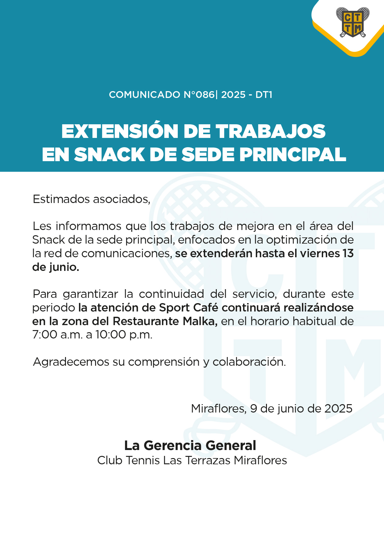 📣COMUNICADO N°086 - 2025-DT1 - EXTENSIÓN DE TRABAJOS  EN SNACK DE SEDE PRINCIPAL