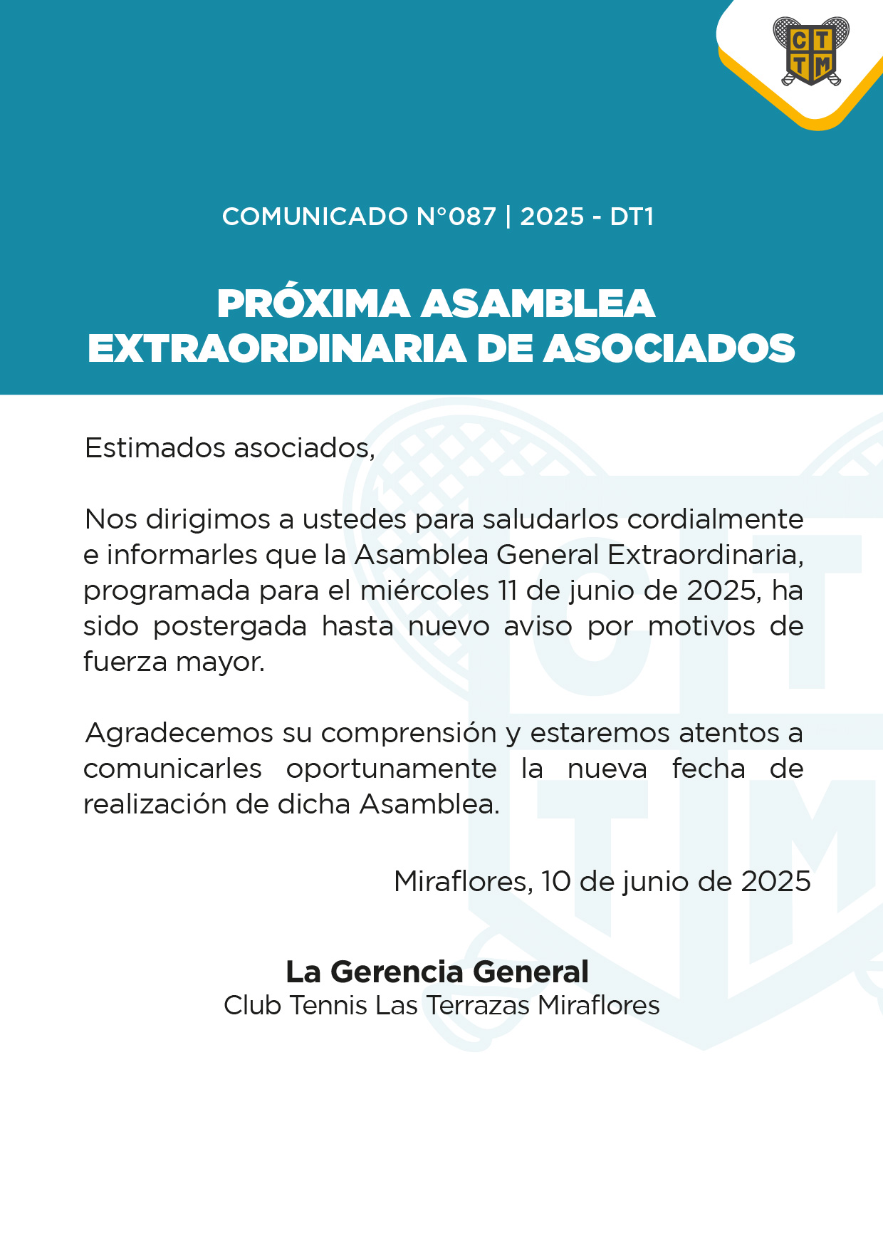📣COMUNICADO N°087 - 2025-DT1 - PRÓXIMA ASAMBLEA EXTRAORDINARIA DE ASOCIADOS