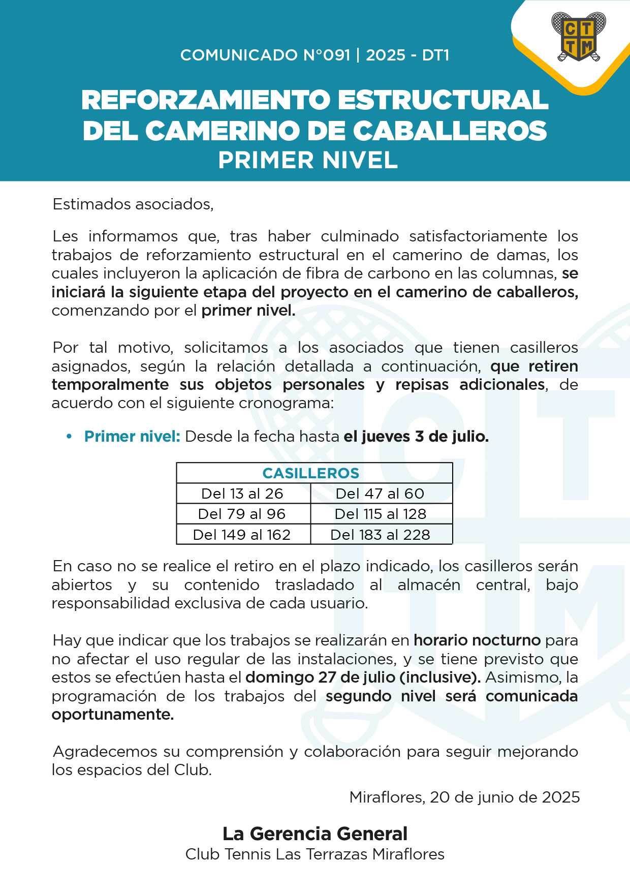 📣COMUNICADO N°091 - 2025-DT1 - REFORZAMIENTO ESTRUCTURAL DEL CAMERINO DE CABALLEROS - PRIMER NIVEL