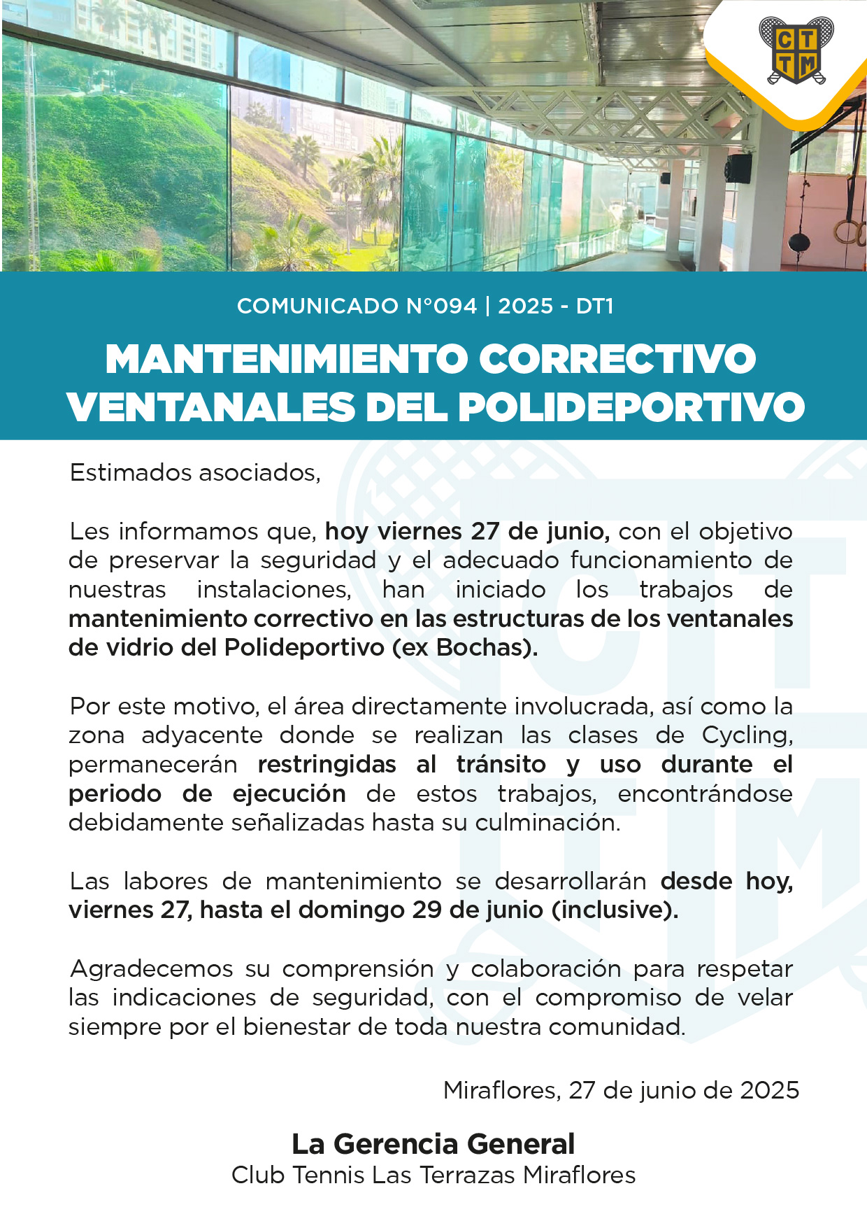 📣COMUNICADO N°094 - 2025-DT1 - MANTENIMIENTO CORRECTIVO EN VENTANALES DEL POLIDEPORTIVO