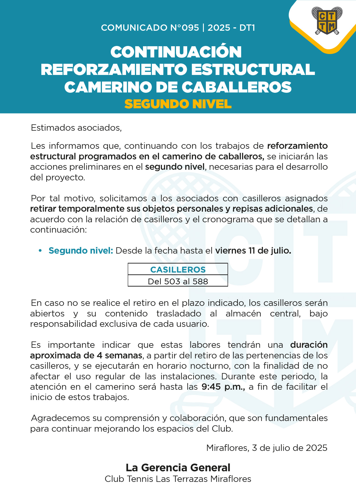 📣COMUNICADO N°095 - 2025-DT1 - CONTINUACIÓN REFORZAMIENTO ESTRUCTURAL DEL CAMERINO DE CABALLEROS SEGUNDO NIVEL 