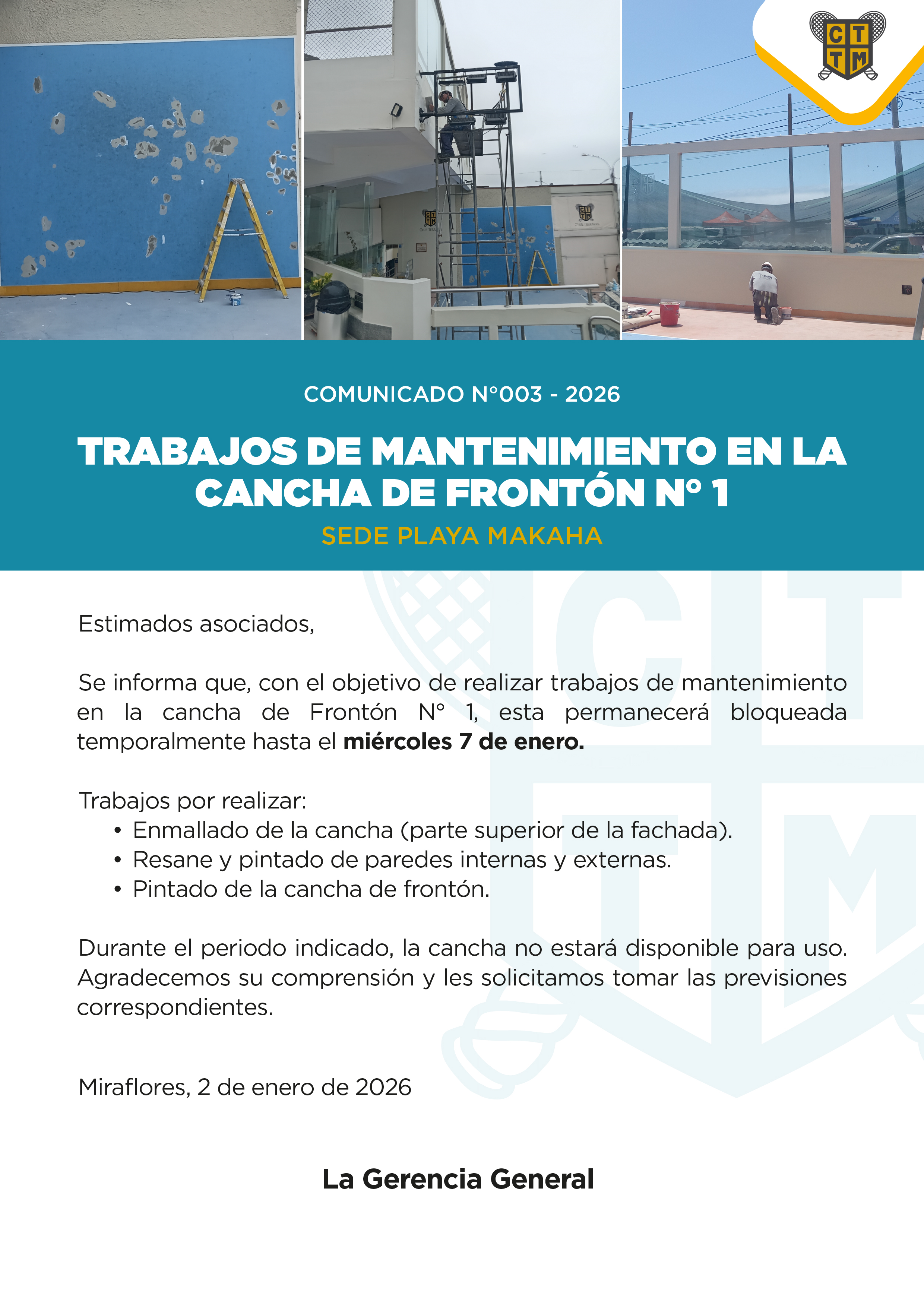 📣COMUNICADO N°003 - 2026 - TRABAJOS DE MANTENIMIENTO EN LA  CANCHA DE FRONTÓN N° 1