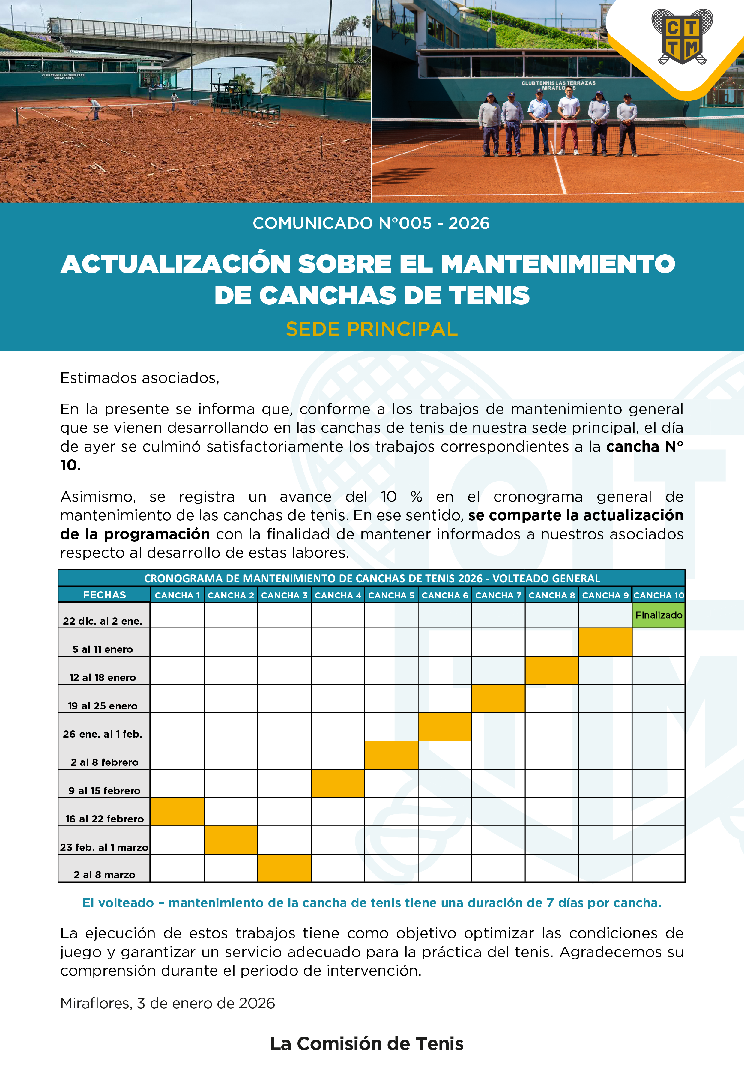 📣COMUNICADO N°005 - 2026 - ACTUALIZACIÓN SOBRE EL MANTENIMIENTO DE CANCHAS DE TENIS- SEDE PRINCIPAL