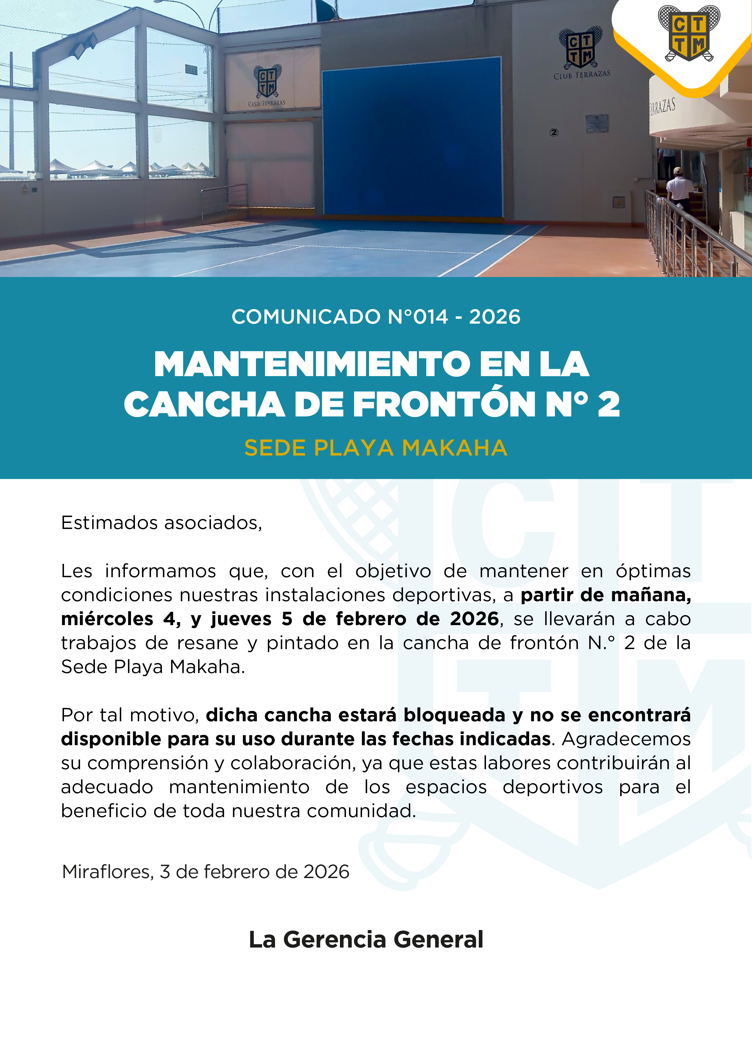 📣COMUNICADO N°014 - 2026 - MANTENIMIENTO EN LA CANCHA DE FRONTÓN N° 2 – SEDE PLAYA MAKAHA