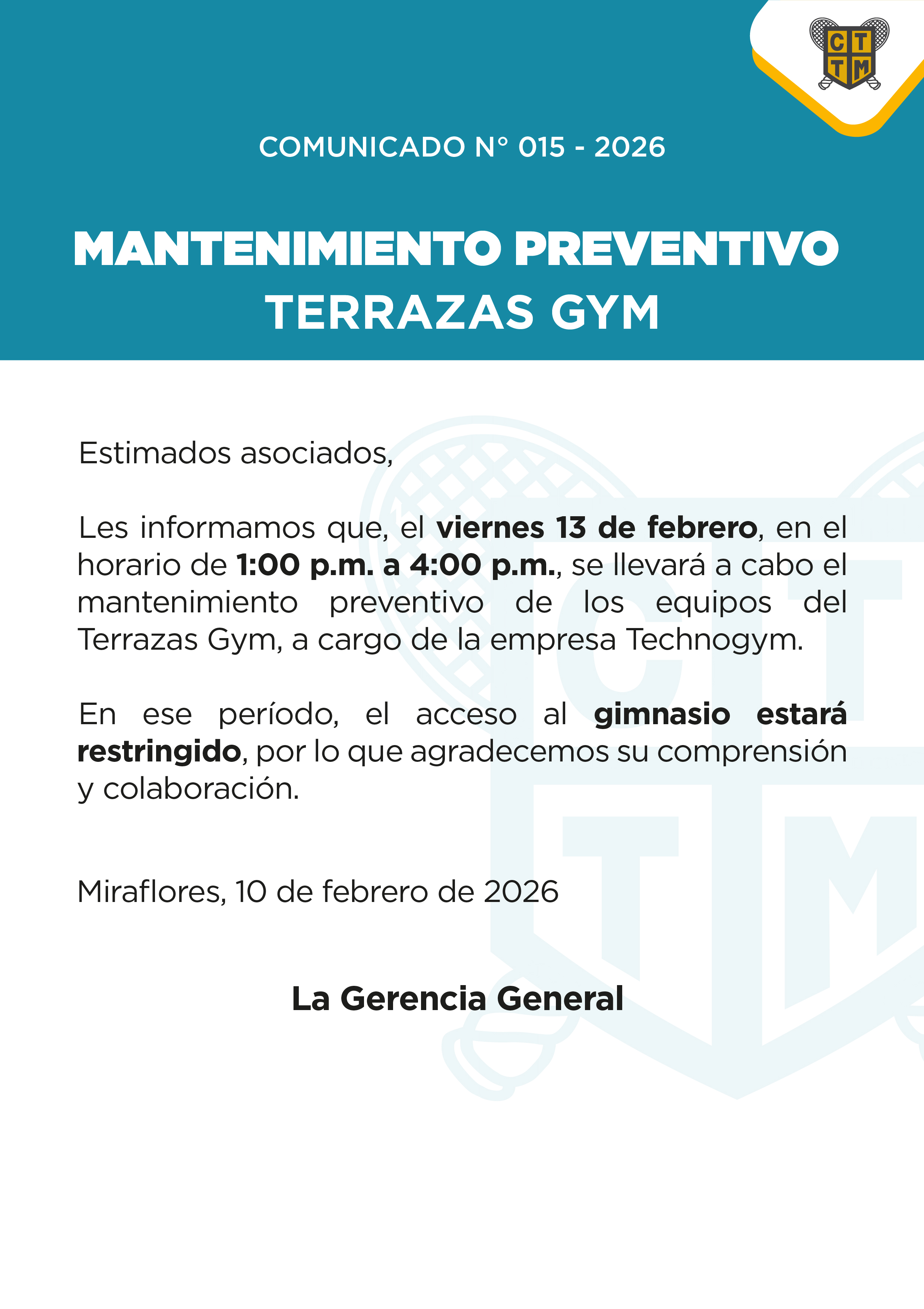 📣COMUNICADO N°015 - 2026 - MANTENIMIENTO PREVENTIVO – TERRAZAS GYM 🏋️‍♂️⚙️