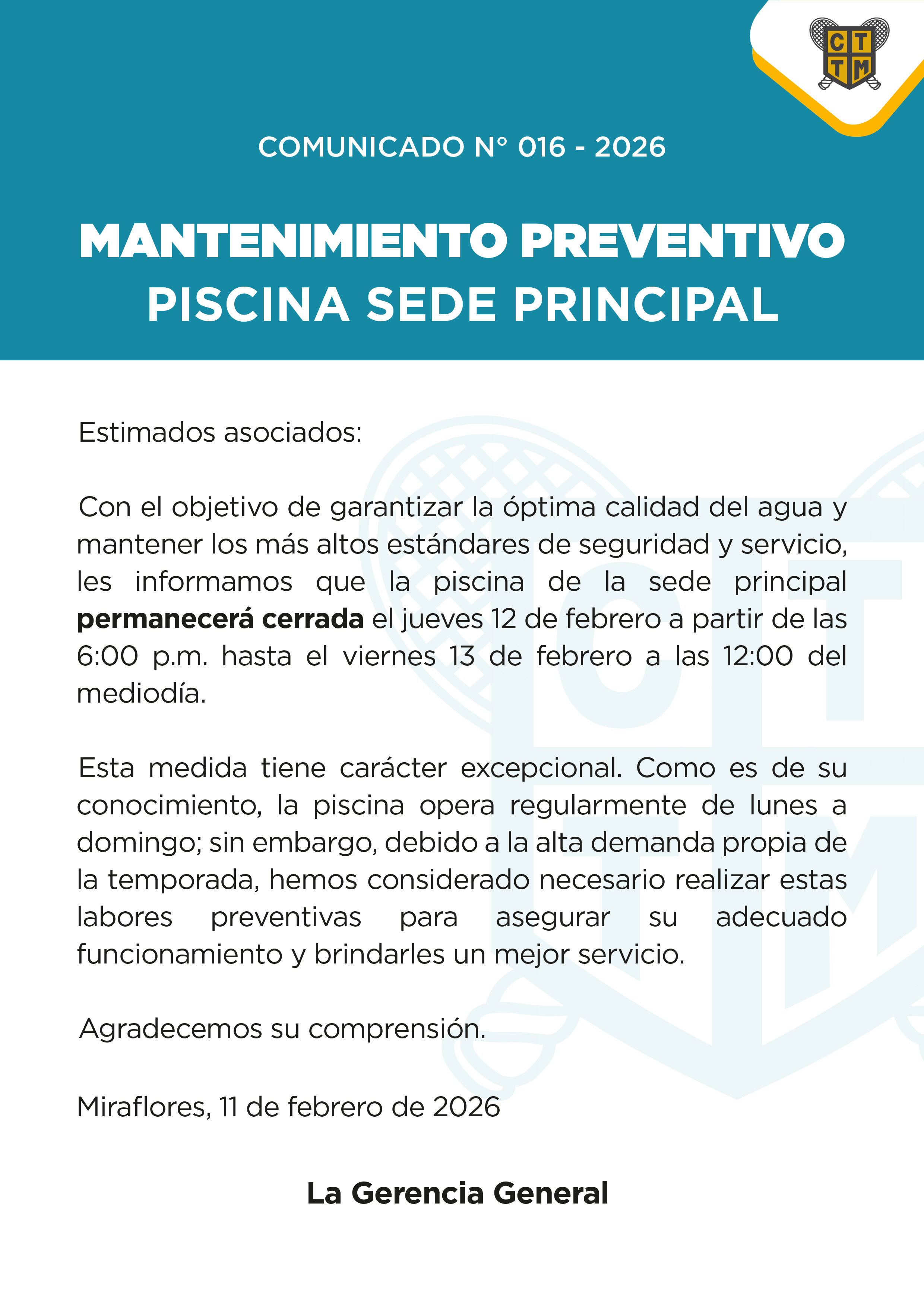 📣COMUNICADO N°016 - 2026 - MANTENIMIENTO PREVENTIVO – PISCINA SEDE PRINCIPAL