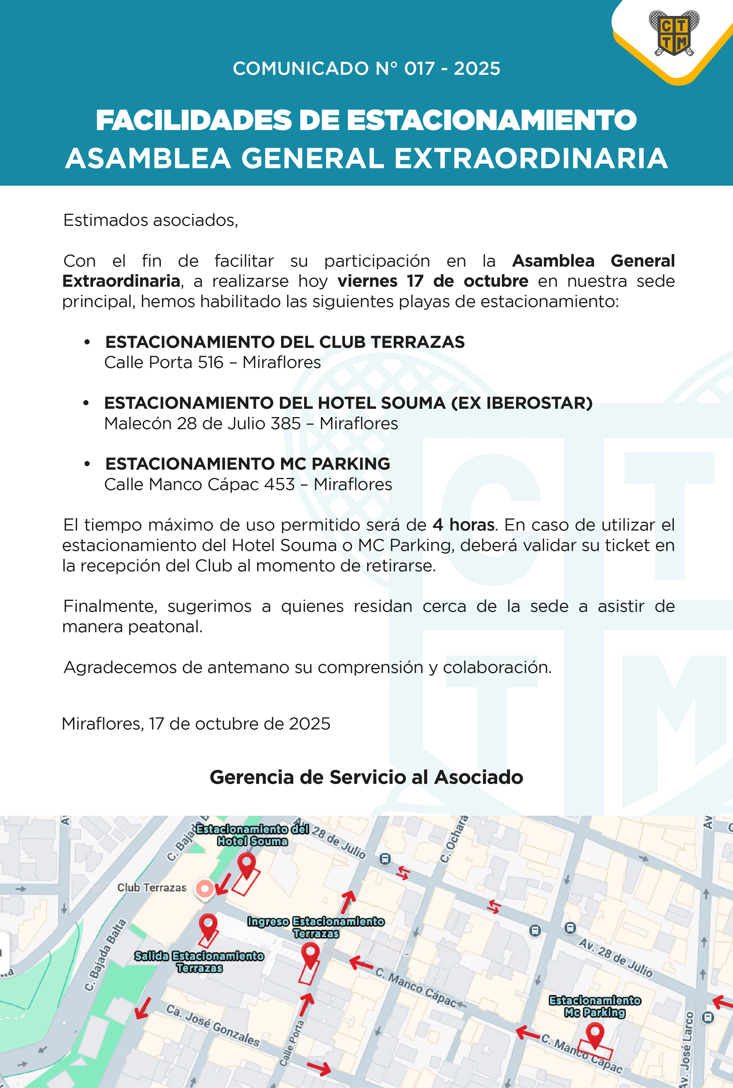 📣COMUNICADO N° 017 – 2025: FACILIDADES DE ESTACIONAMIENTO - ASAMBLEA GENERAL EXTRAORDINARIA