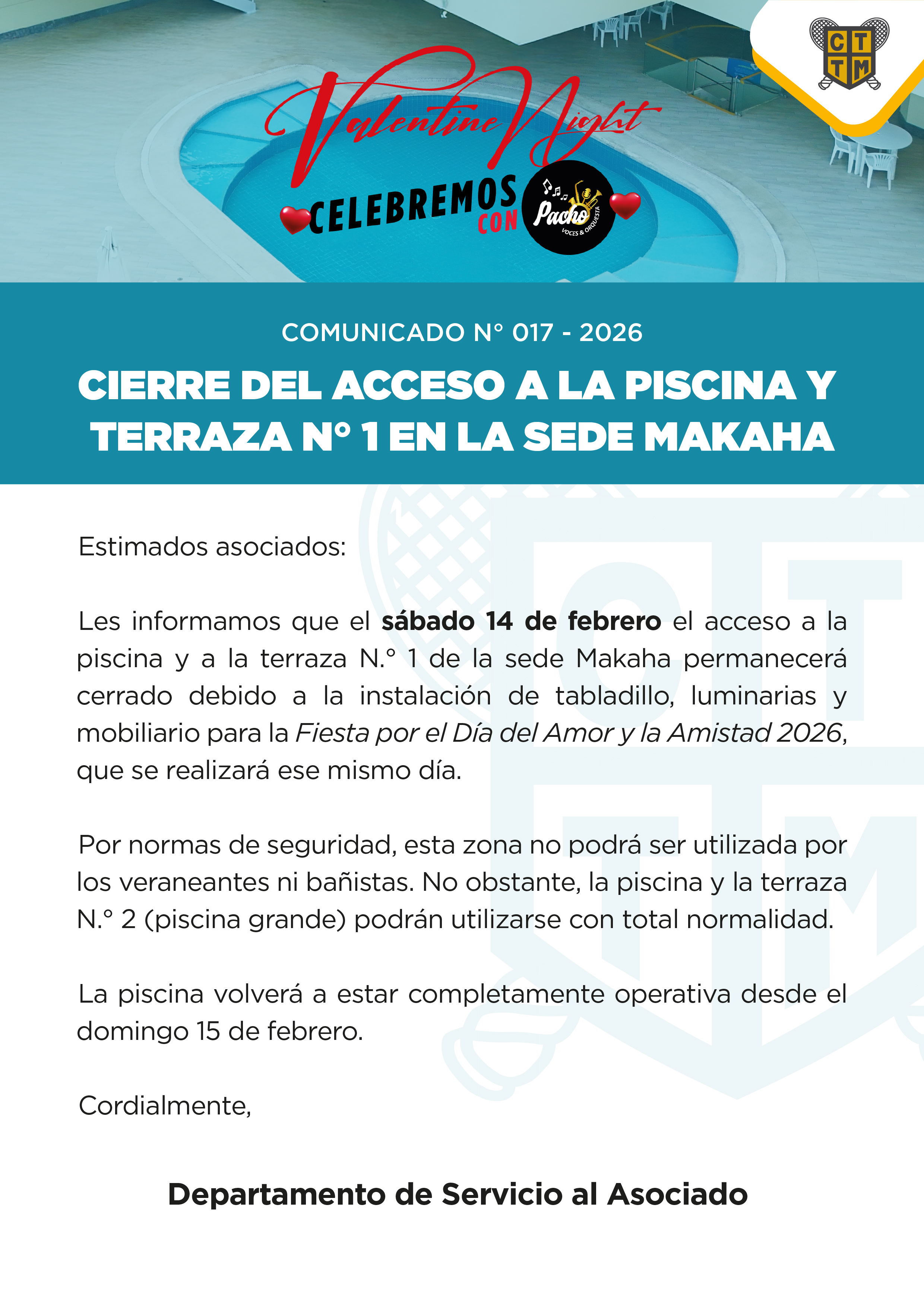 📣COMUNICADO N°017 - CIERRE DEL ACCESO A LA PISCINA Y  TERRAZA N° 1 EN LA SEDE MAKAHA