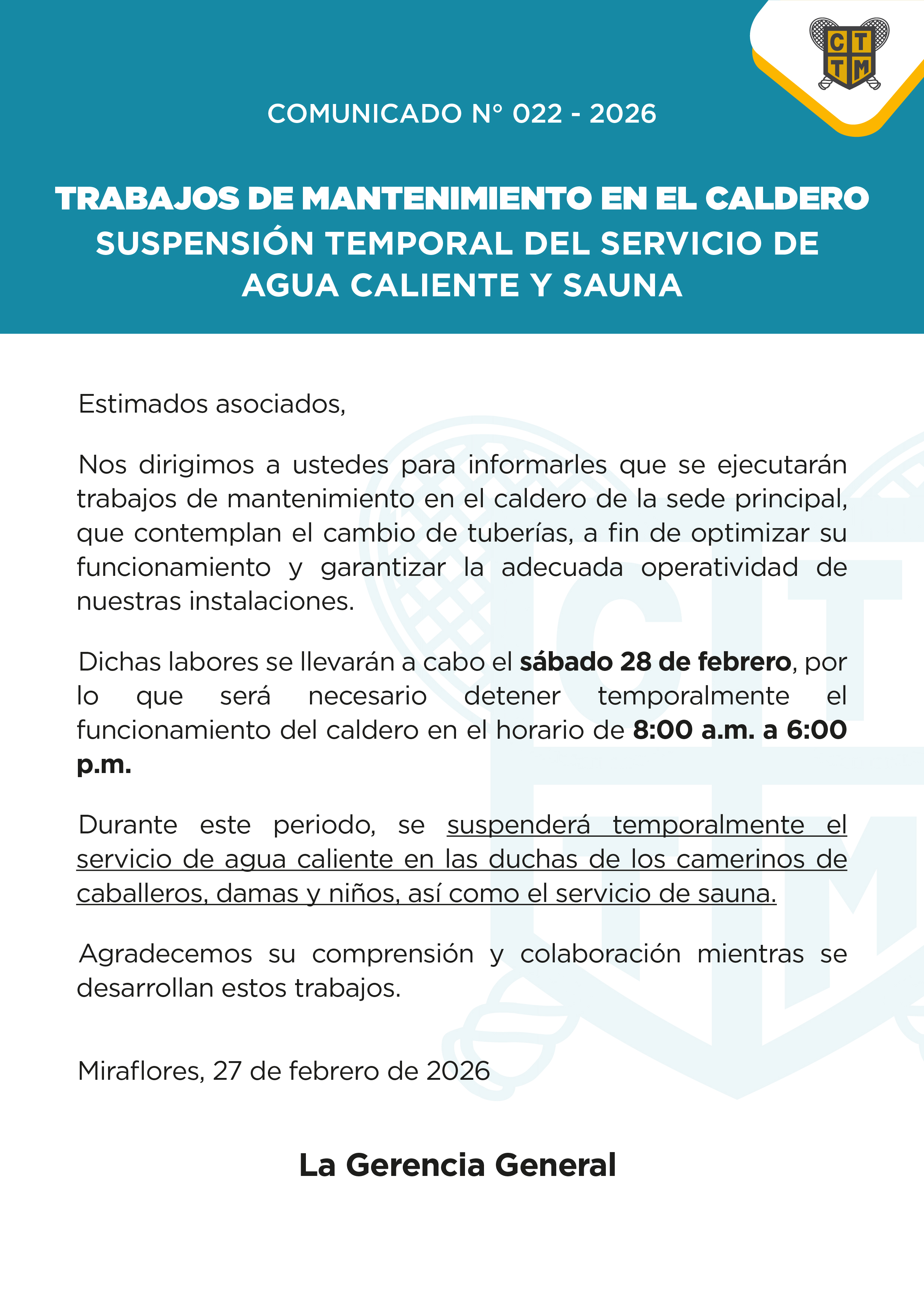 📣COMUNICADO N°022 - 2026 - TRABAJOS DE MANTENIMIENTO EN EL CALDERO  - SUSPENSIÓN TEMPORAL DEL SERVICIO DE AGUA CALIENTE Y SAUNA