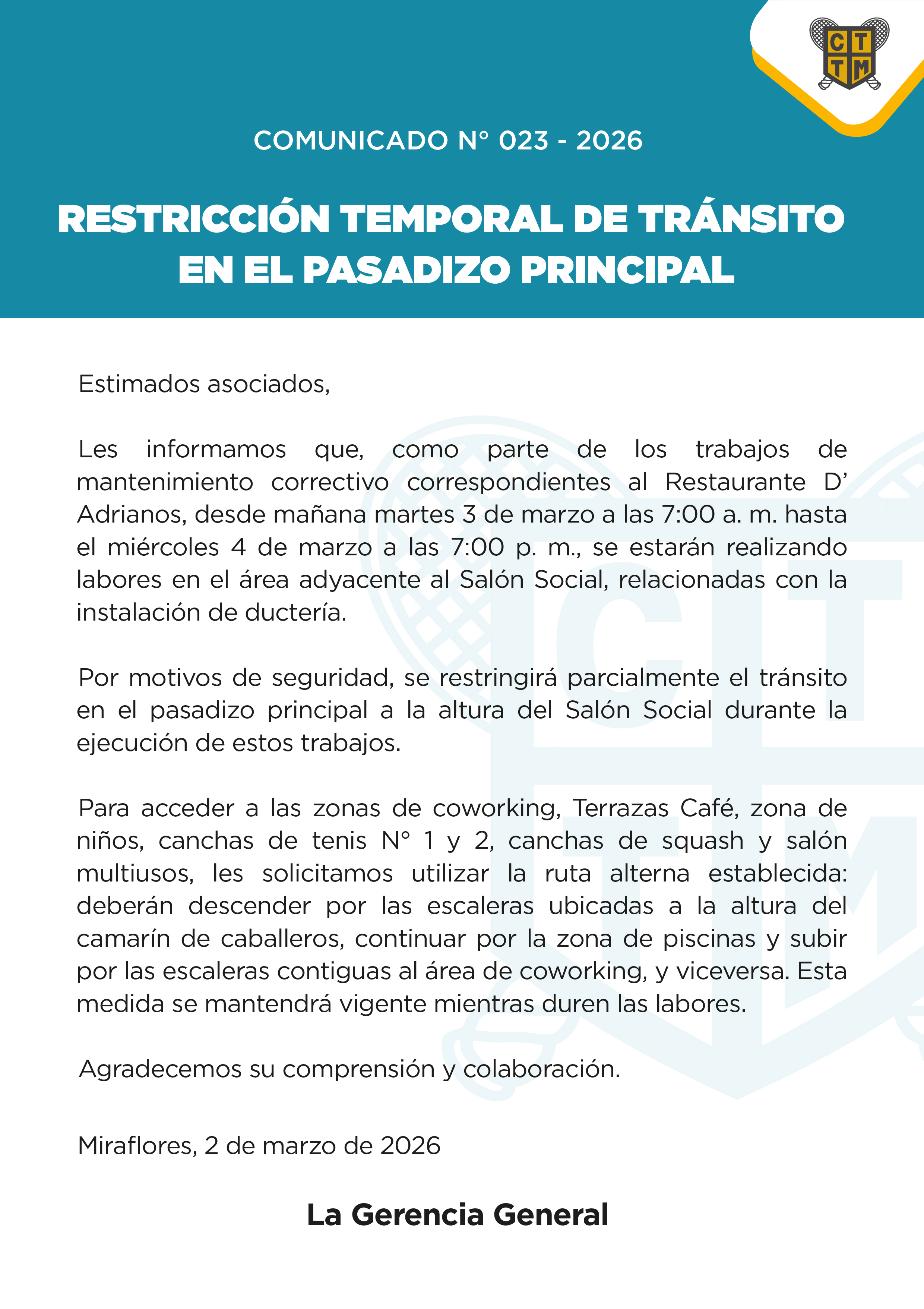 📣COMUNICADO N°023 - 2026 -RESTRICCIÓN TEMPORAL DE TRÁNSITO EN EL PASADIZO PRINCIPAL
