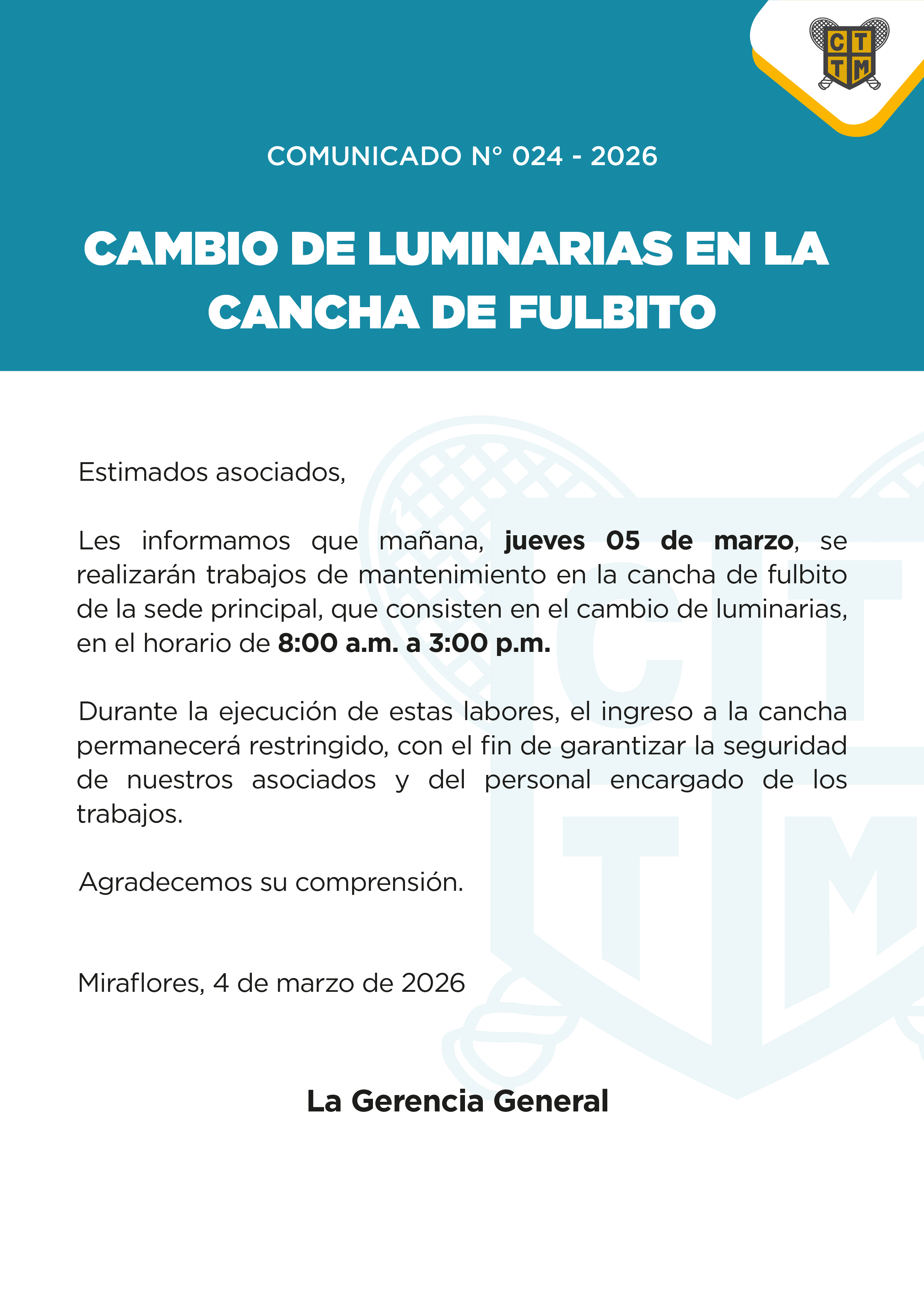 📣COMUNICADO N°024 - 2026 -CAMBIO DE LUMINARIAS EN LA CANCHA DE FULBITO