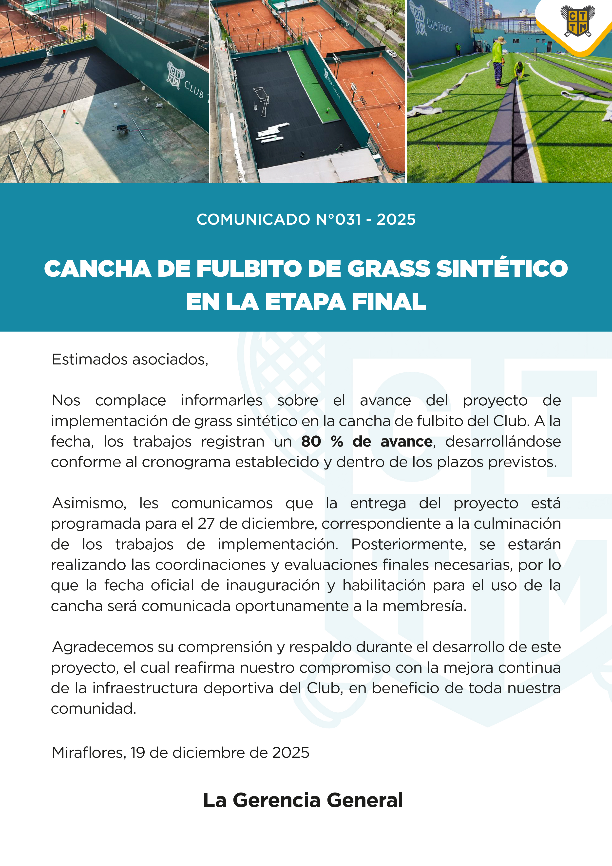 📣COMUNICADO N°031 - 2025 - CANCHA DE FULBITO DE GRASS SINTÉTICO EN LA ETAPA FINAL