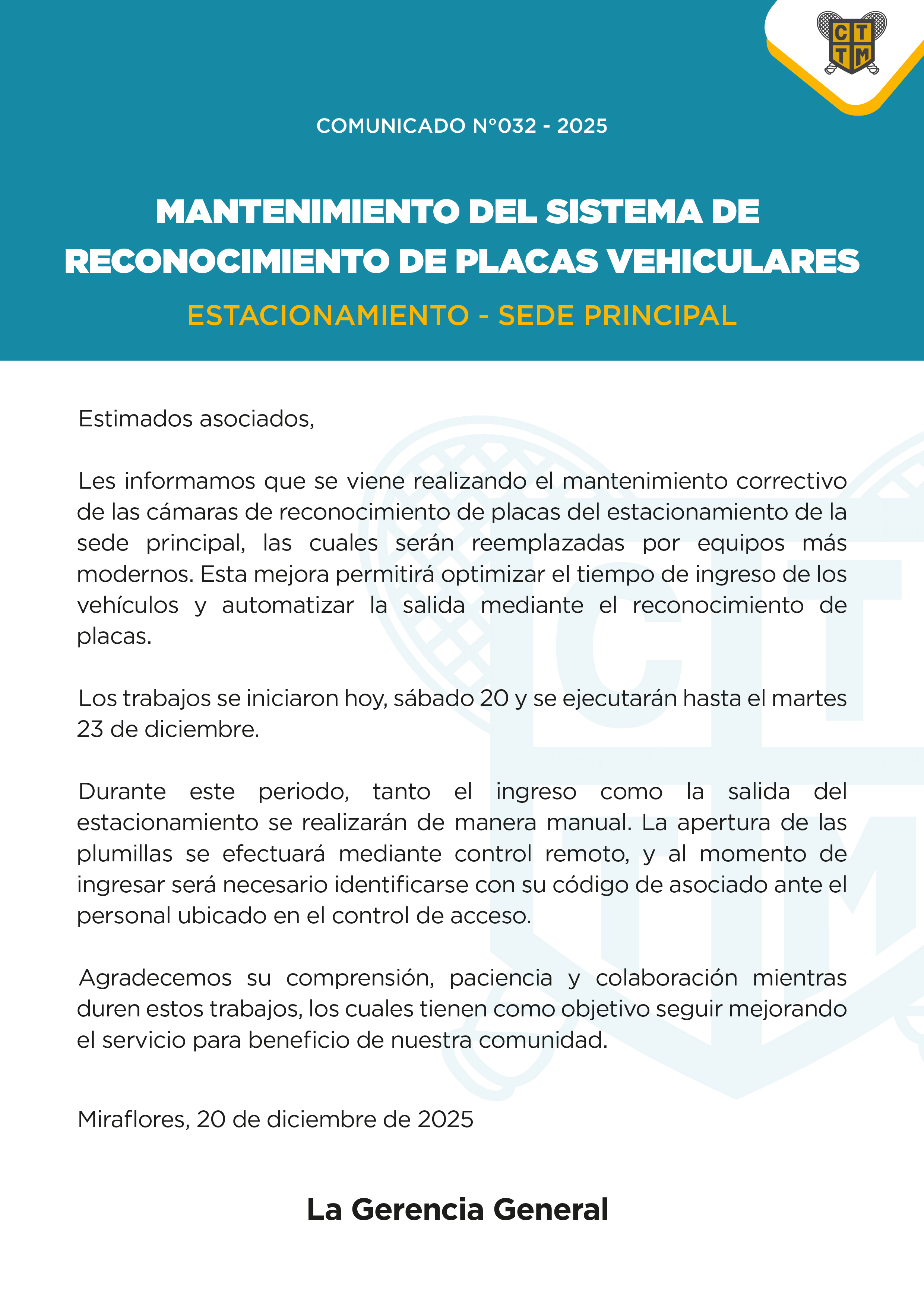 📣COMUNICADO N°032 - 2025 - MANTENIMIENTO DEL SISTEMA DE  RECONOCIMIENTO DE PLACAS VEHICULARES - ESTACIONAMIENTO - SEDE PRINCIPAL