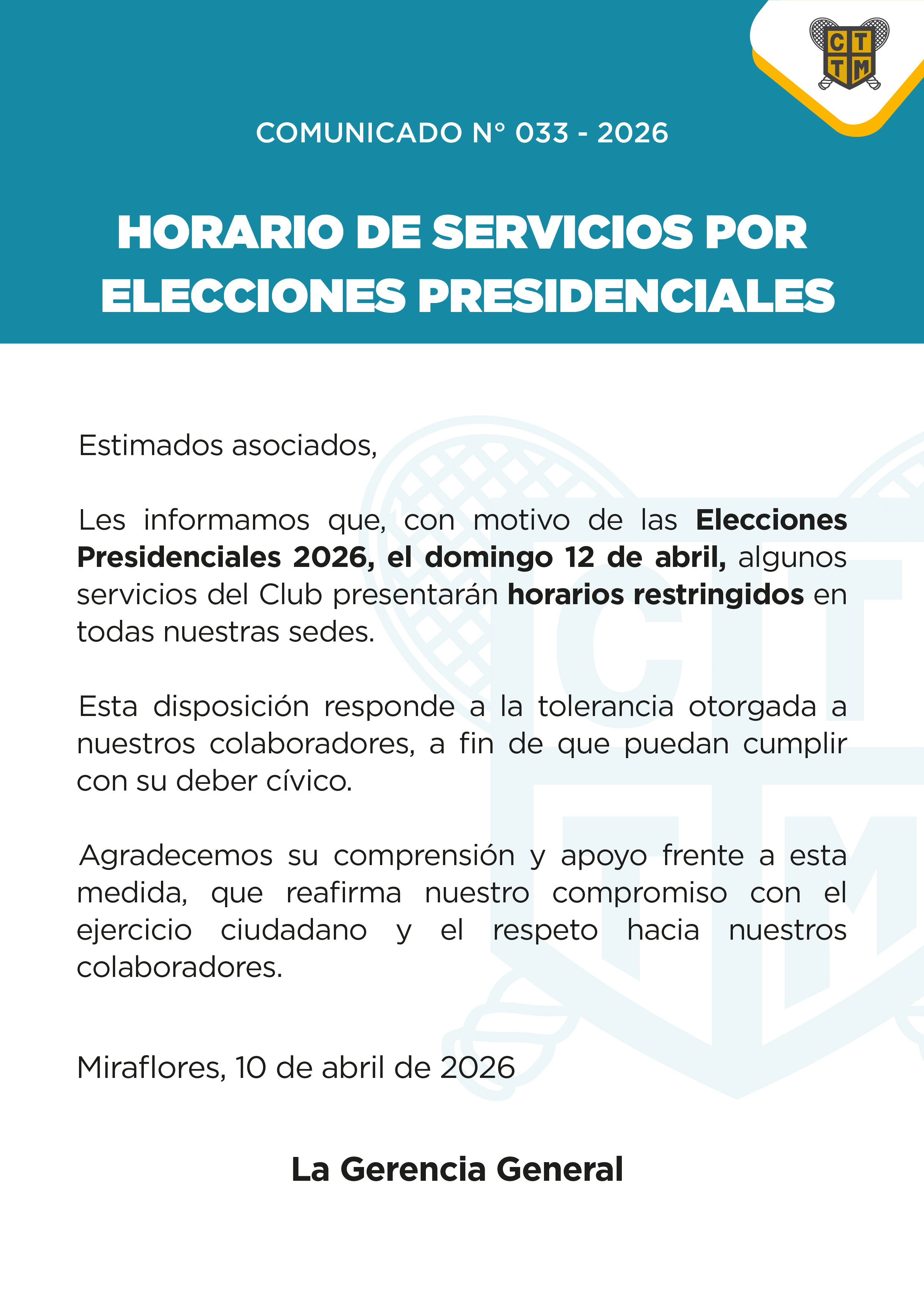 📣COMUNICADO N°033 - 2026: HORARIO DE SERVICIOS POR ELECCIONES PRESIDENCIALES