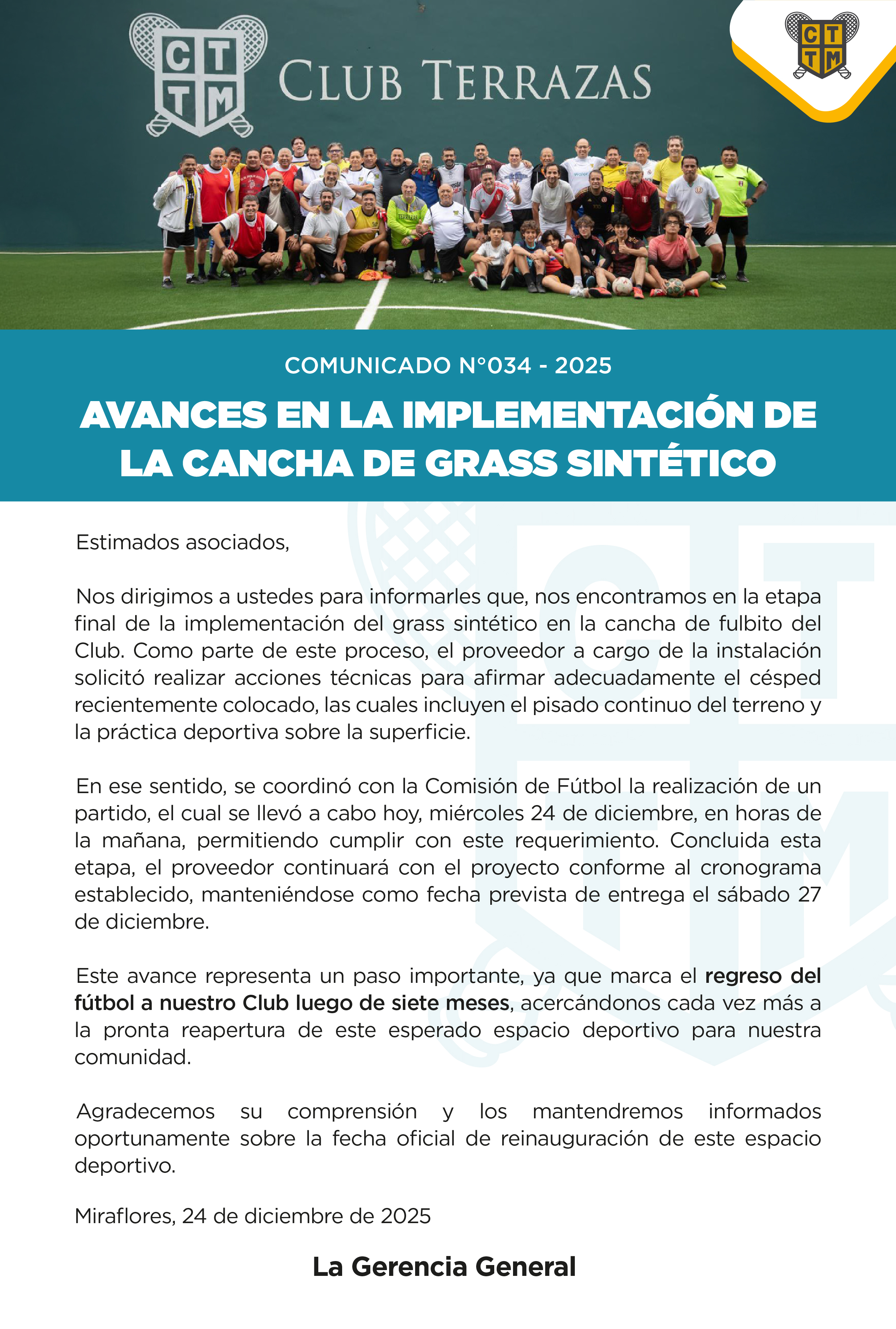 📣COMUNICADO N°034 - 2025 - AVANCES EN LA IMPLEMENTACIÓN DE LA CANCHA DE GRASS SINTÉTICO 